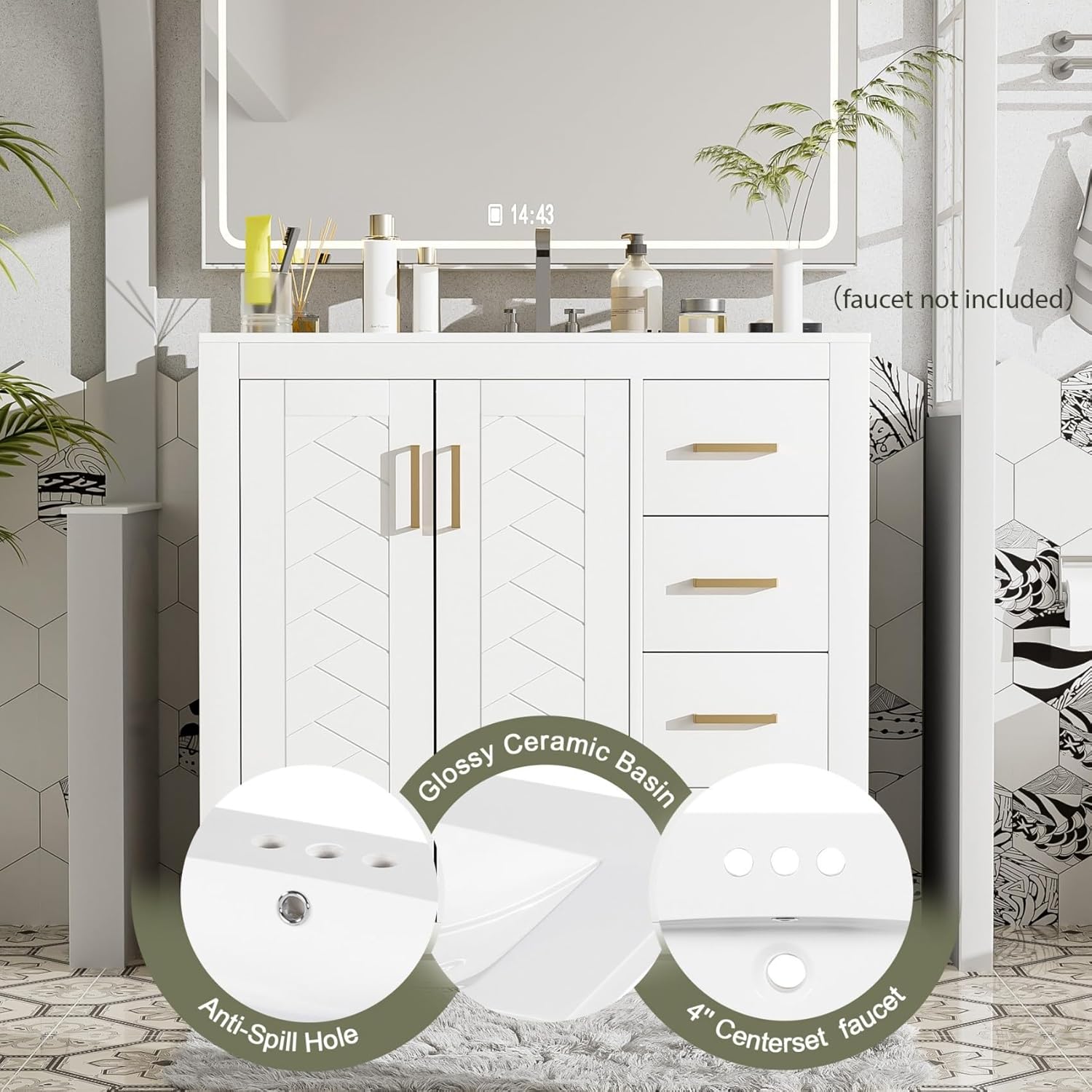 36'' Bathroom Vanity with Ceramic Sink Combo, Solid Wood Frame Storage Cabinet & 3 Drawers, Freestanding, Soft Closing Doors, White
