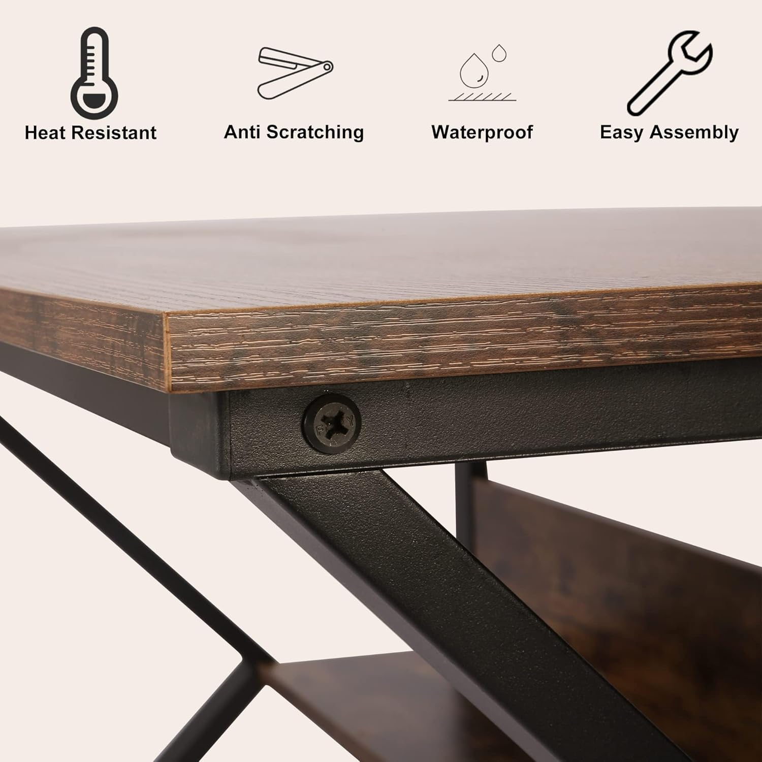 Computer Desk Office Desk PC Table 47 ”- Industrial Rustic Wood Grain with Storage Shelf with 4 Hooks Metal Frame Foot Pad 110lbs Home Reading Study Writing for Bedroom …