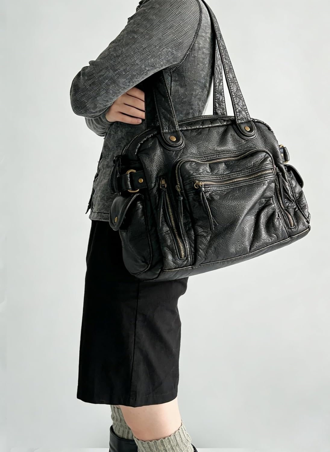 Soft Vegan Leather City Tote Bag for Women Vintage Hobo Handbag with Adjustable Strap Large Y2K Purse Slouchy Shoulder Bag - Image 2