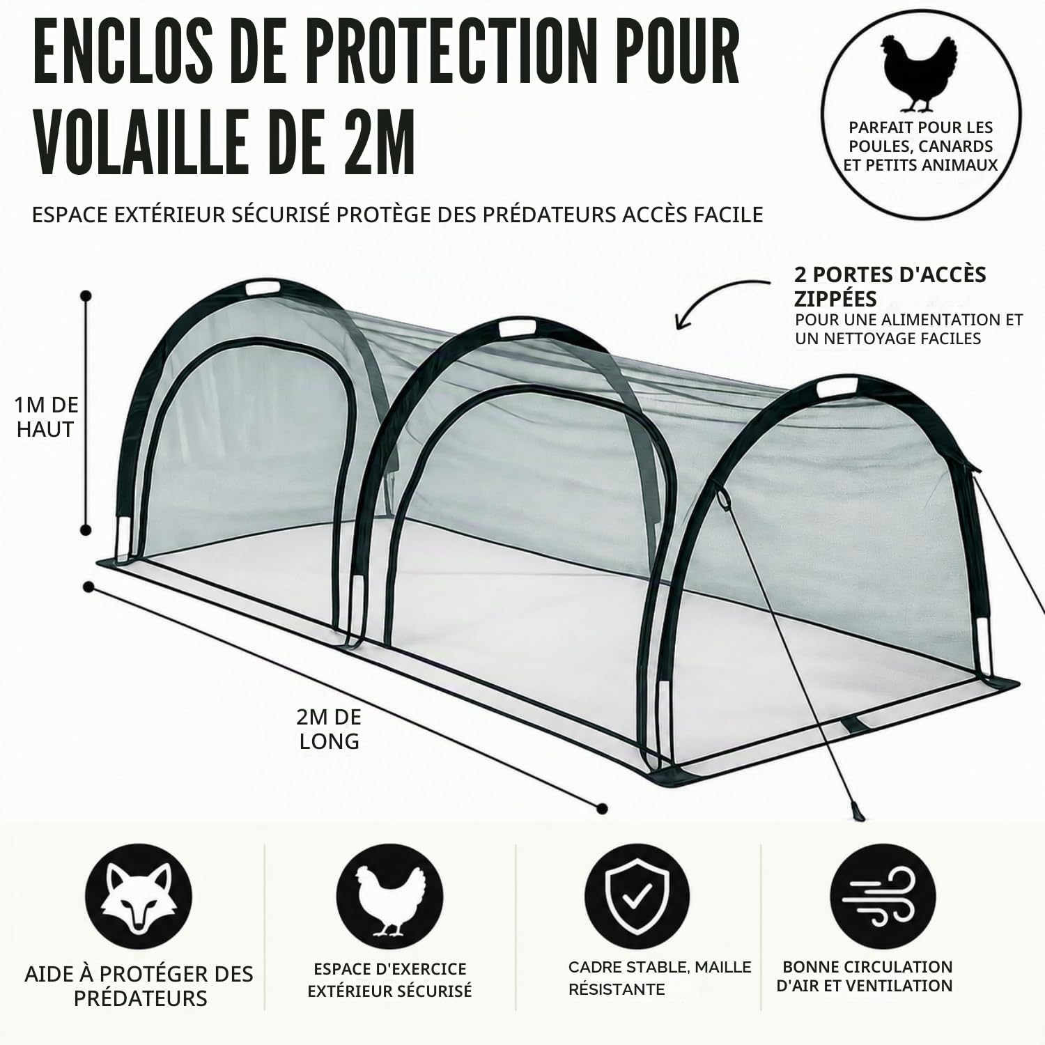 GardenSkill Poulailler Cage a Lapin Exterieur 200x100cm | Tunnel Maison pour Cochon d'Inde Poule | Enclos de Jardin pour Petits Animaux de Compagnie | Abri avec Filet de Protection | 2 Portes Zippées