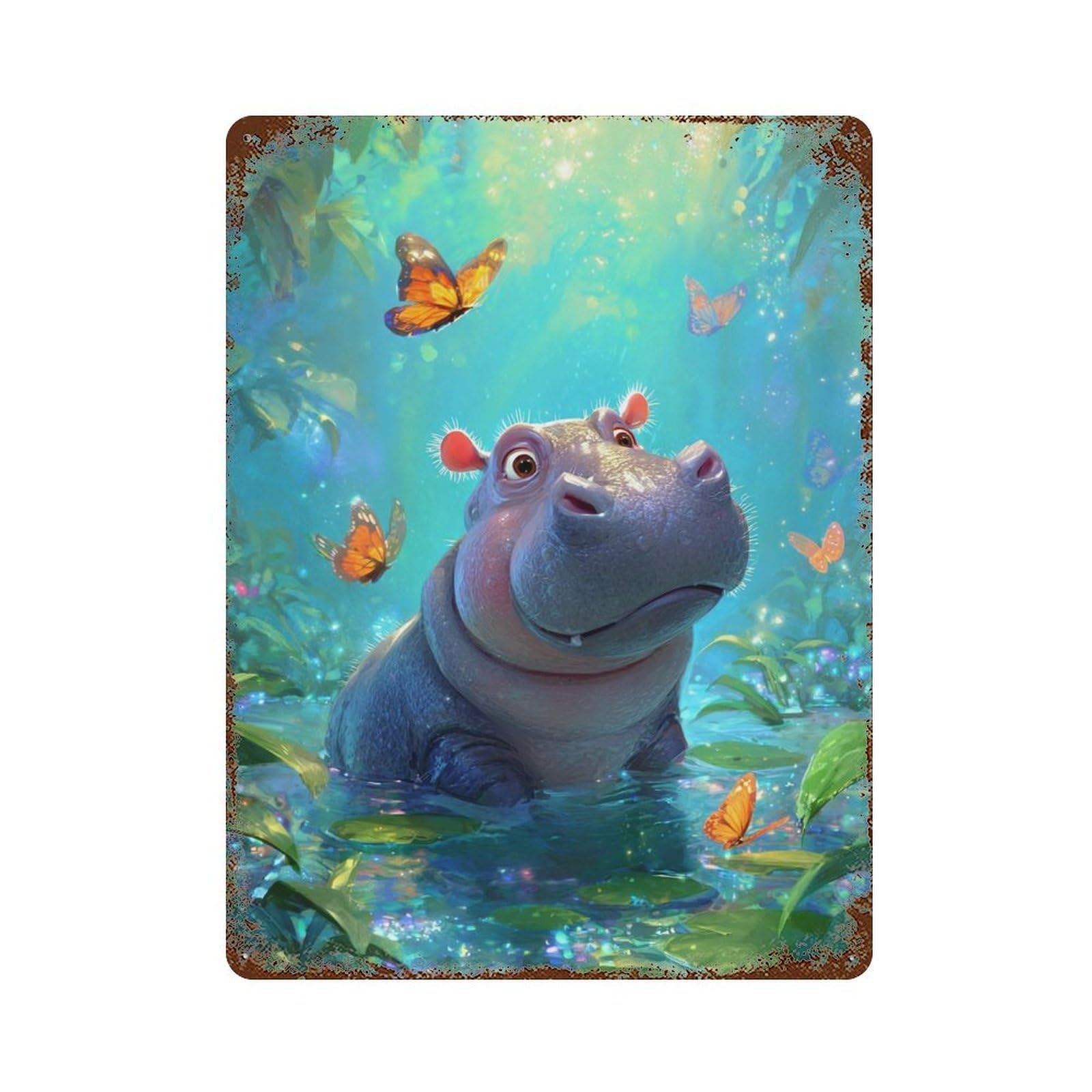 Jungle Adventure with Hippo Weathered Tin Sign 15.7"x11.8", Rustic Home Decor for Garage, Pub Or Kitchen
