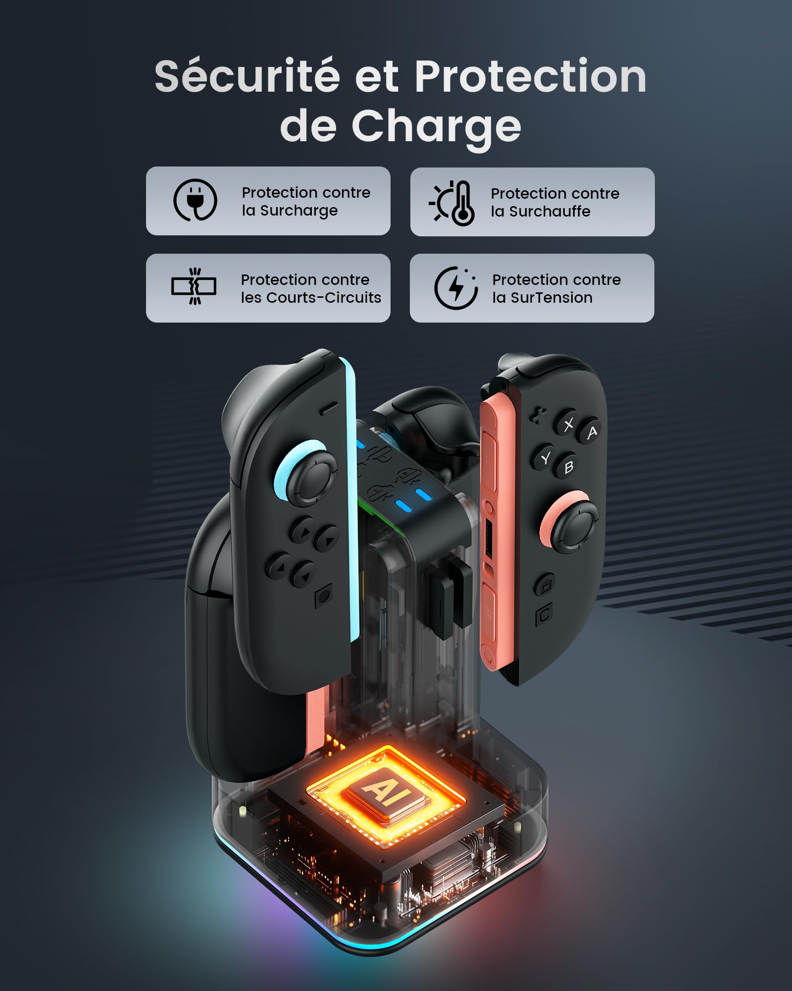 TRANSNOVO Chargeur Compatible avec Nintendo Switch 2, Station de Charge 4 en 1 avec 8 Emplacements pour Cartes de Jeu, Indicateur LED, 9 Modes RGB Lumière Gaming, Charge Simultanée de 1 à 4 Joycon