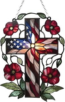 American Flag Cross Suncatcher Celebrating 250 Years, Acrylic Imitation Glass Style, Patriotic Window Hanging with Poppy Flowers,Earlychristian Gifts for Women. A