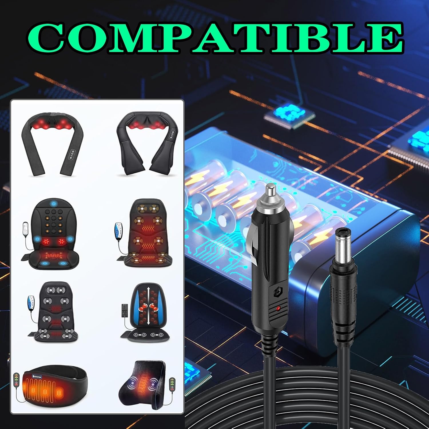 12V Car Adapter Adapter Cable ，for All Comfier Neck Back Massage Cushion Cigarette Lighter Car Charger Adapter（6.5ft）