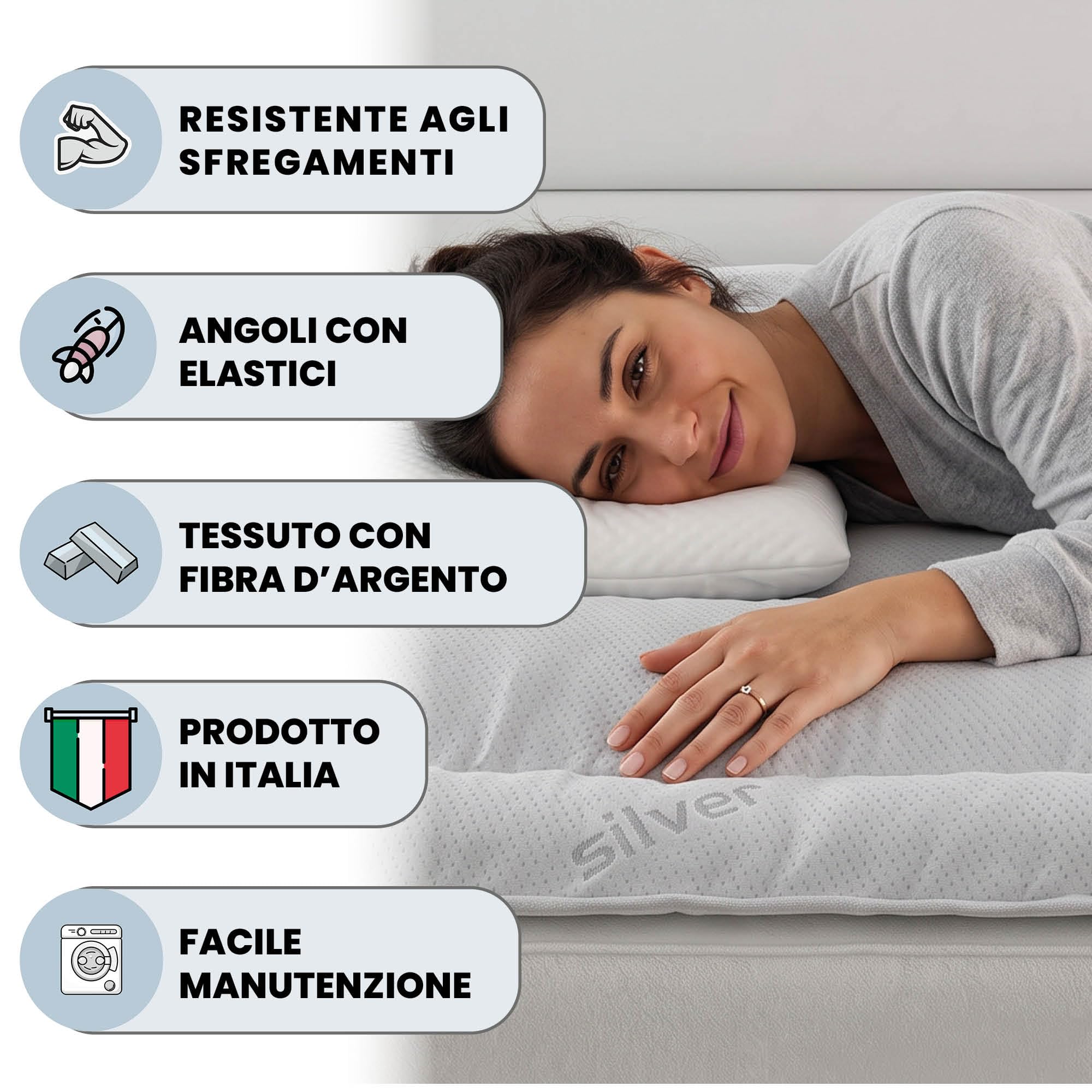 Italian Bed Linen Topper srebrny, wyściełany, pikowany, zmywalny
