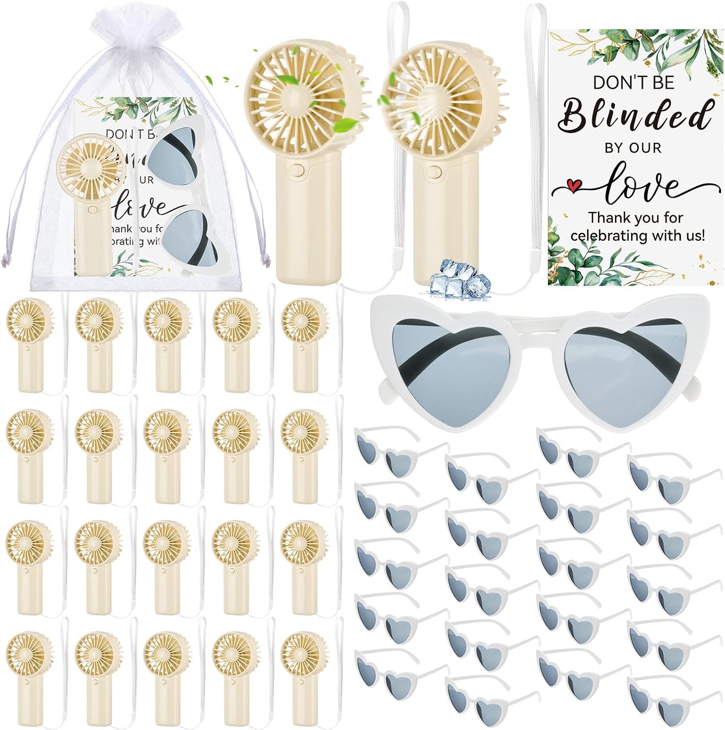 Kingdder 20 Set Wedding Favors for Guests Mini Fans Heart Shaped Sunglasses Portable Handheld Battery Operated Fan with Thank You Cards Organza Bags for Bridal Shower Wedding Bridesmaid Gifts (White)