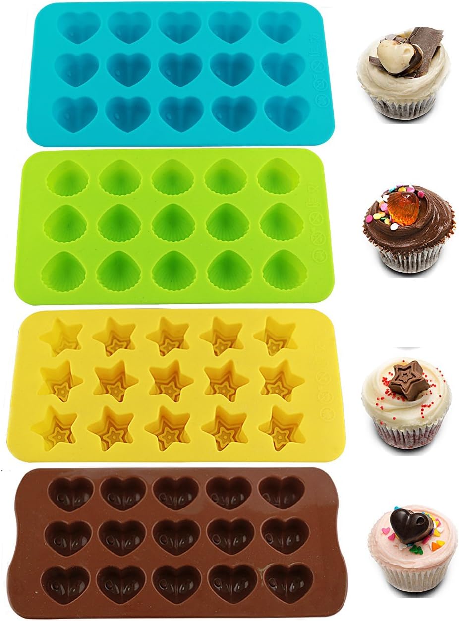 Kisweet Set of 4 Hearts Stars Shells Shape Silicone Candy Molds Chocolate Mold Jello Ice Cube Trays