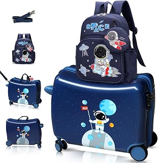 Valigia Cavalcabile per Bambini Ryanair 55x40x20 cm + 30x23x14 cm Set 2 Pezzi Trolley Bagaglio a mano 4 Ruote e Zaino 311 (Astronauta, Valigia 55x40x20cm+Zaino)