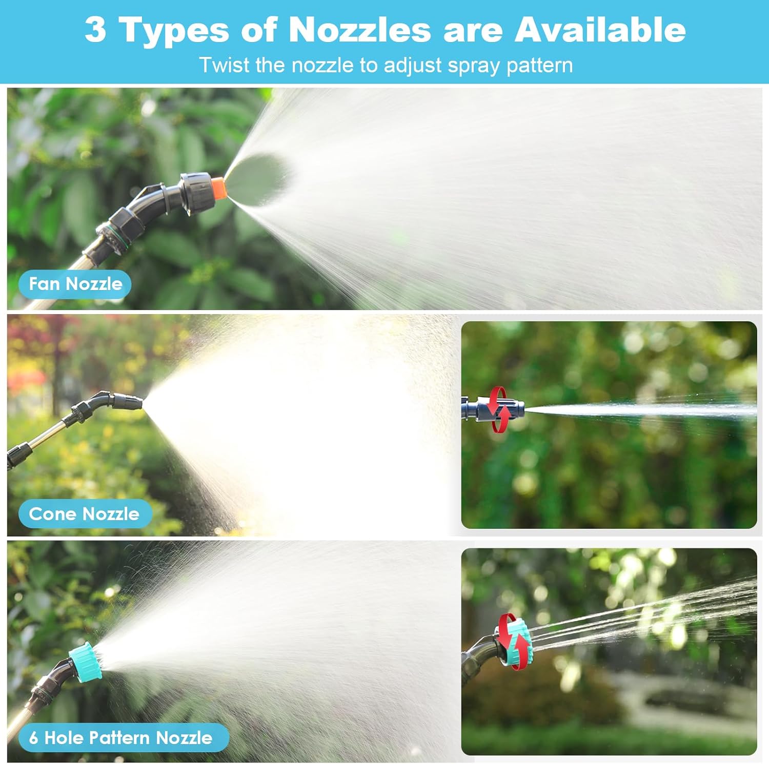 Battery Powered Garden Sprayer Wand, 32 Inch Telescopic With 26.2 FT Hose, 7.4V Rechargeable Electric Watering Handle, 3 Adjustable Nozzles & Filter for Weed, Lawn, Yard - Image 3