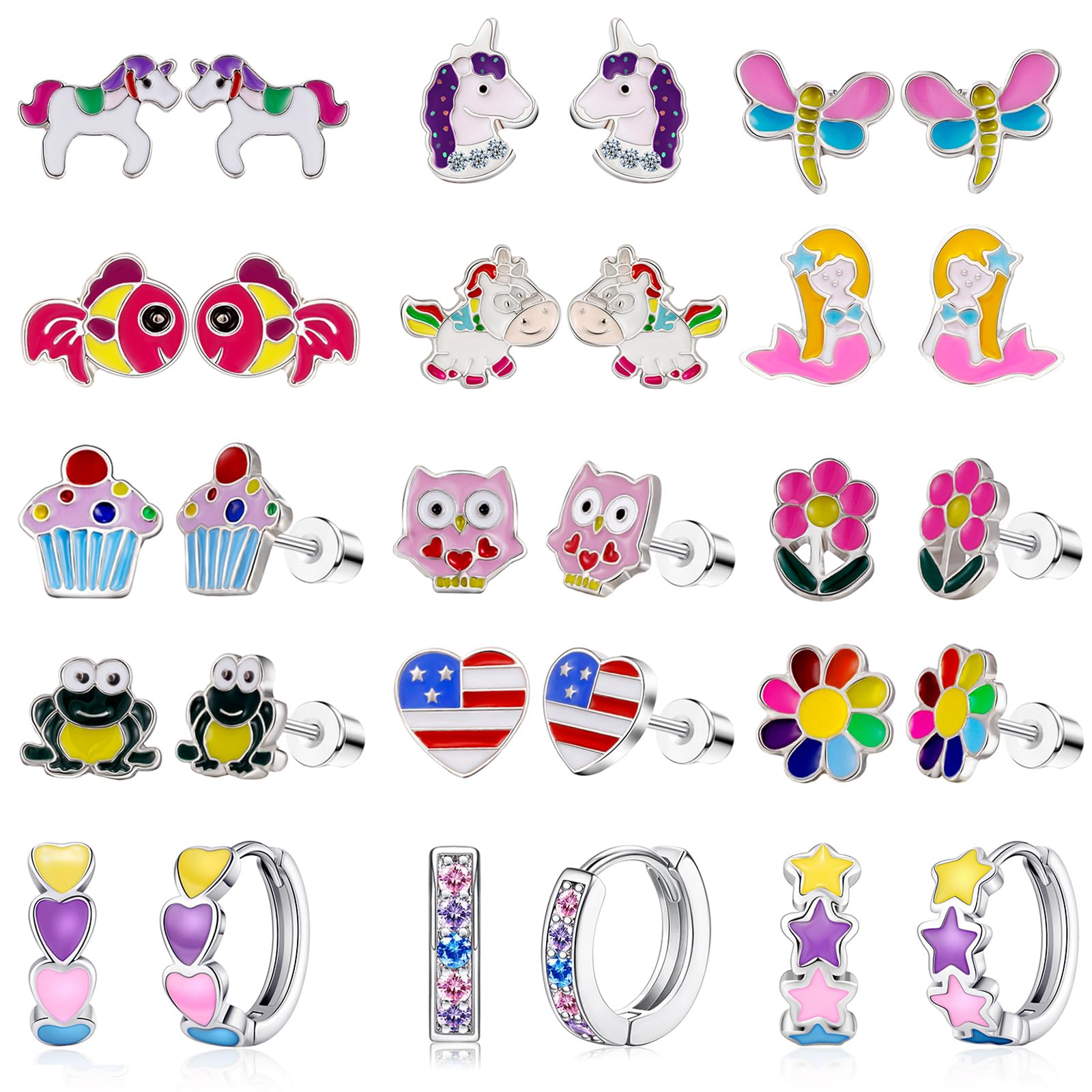 15 Pairs Stud Earrings Set :12 Pairs Unique Cartoon Flat Back Earrings &amp; 3 Pairs Mini Hoops with Stainless Steel Posts and Screwback Earring