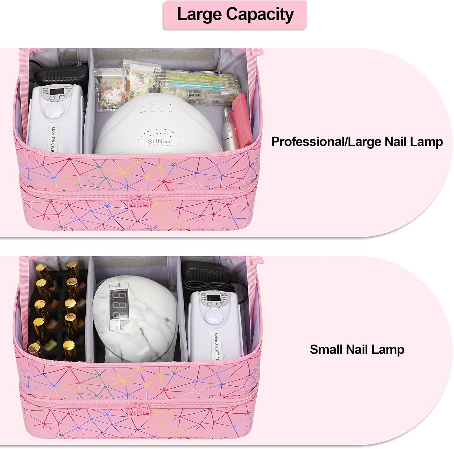 Ethereal Nail Polish Organizer Case Holds 50+ Bottles (5ml/0.5fl.oz) and Nail Lamp, Leather Nails Storage Organizer with Compartment, Diamond Pink