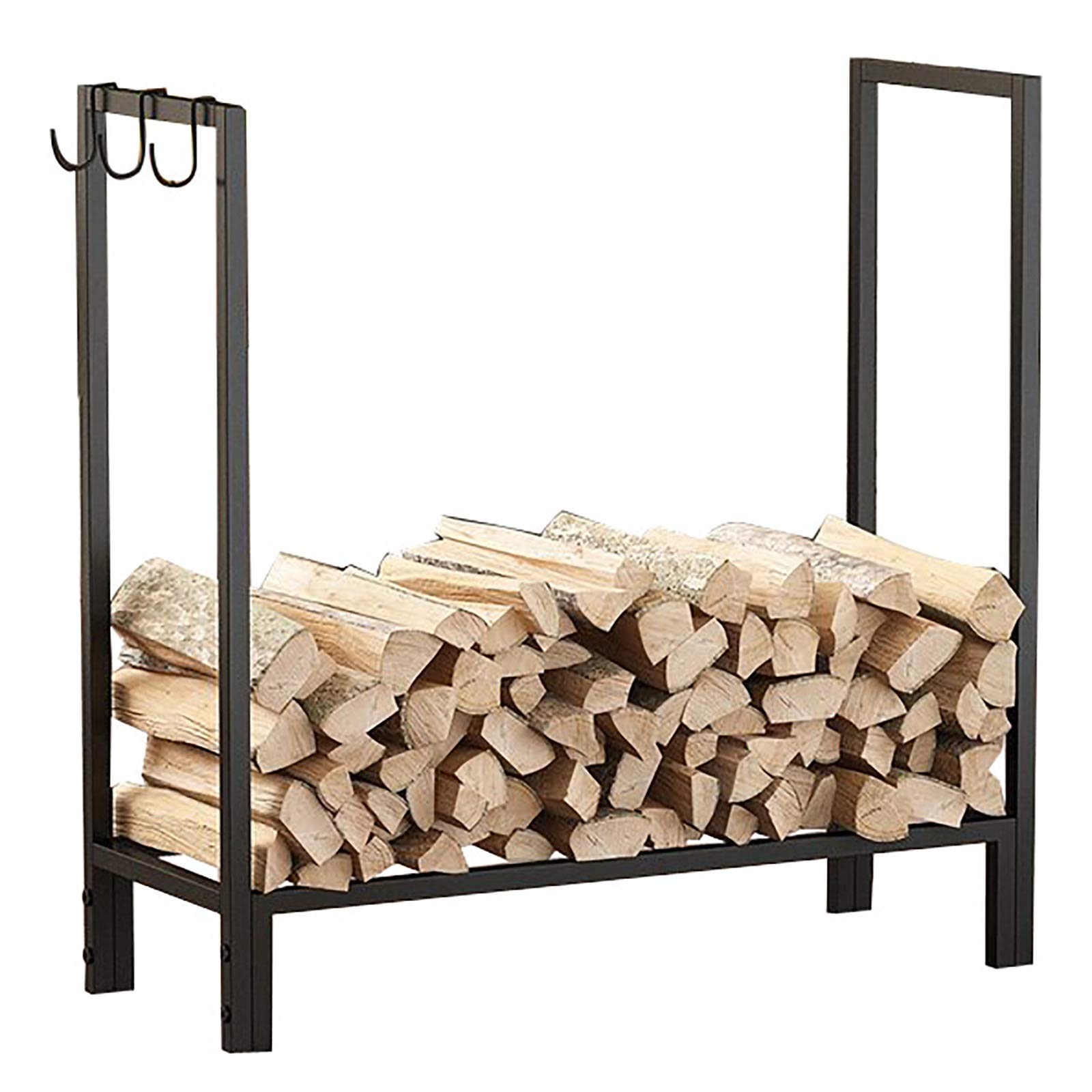 Portalegna da ardere di Grandi Dimensioni per Esterni/Patio/terrazza/Cortile, Supporto per Legna da ardere in Metallo Resistente, Alto 75 cm, con 3 Ganci, Nero,