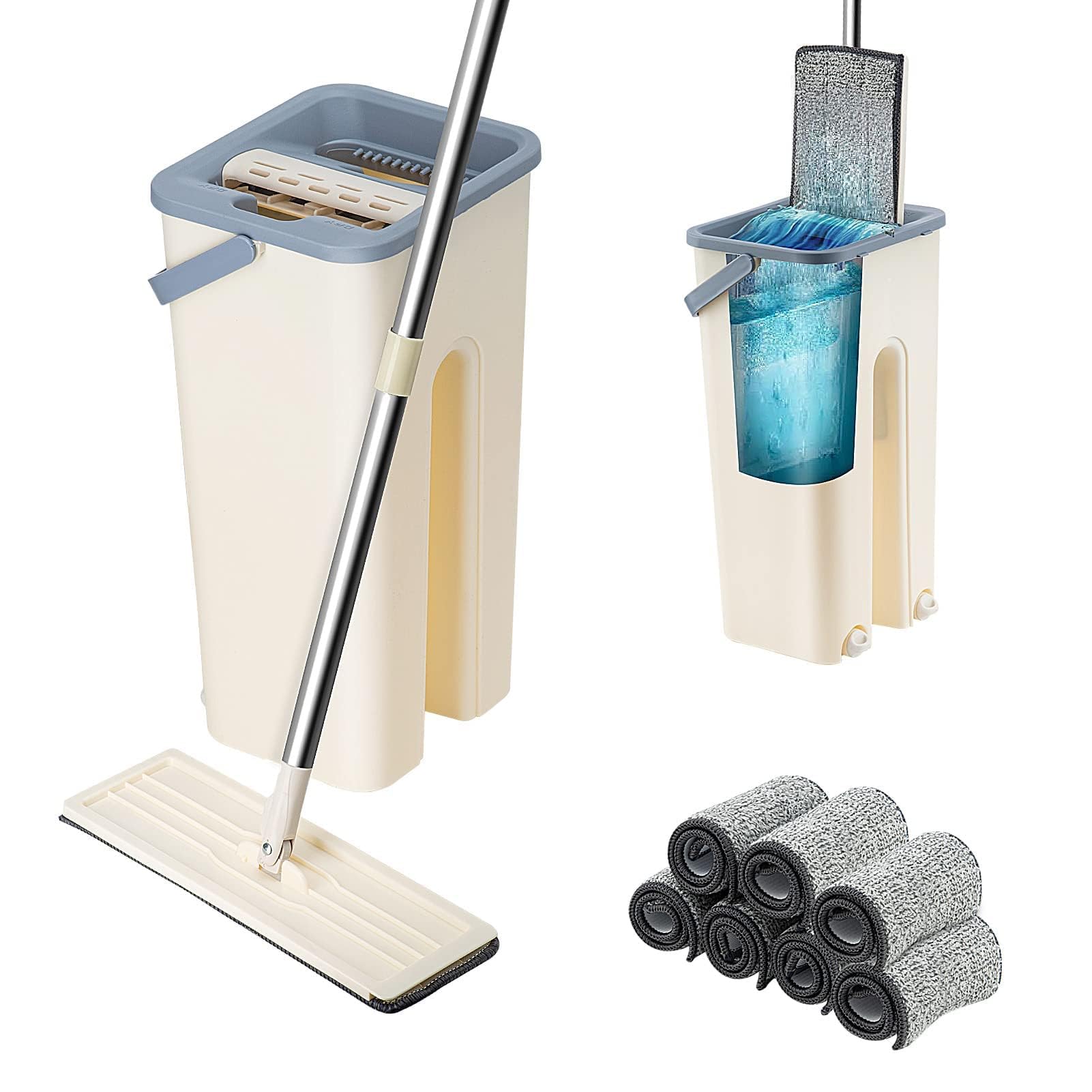 CROWNSHOP 360° Spin Mop and Bucket Set with 7 Washable Microfibre Pads | Flat Squeeze Floor Cleaning System for Tiles, Hardwood & Laminate | Wet & Dry Use with Foot-Operated Wringer
