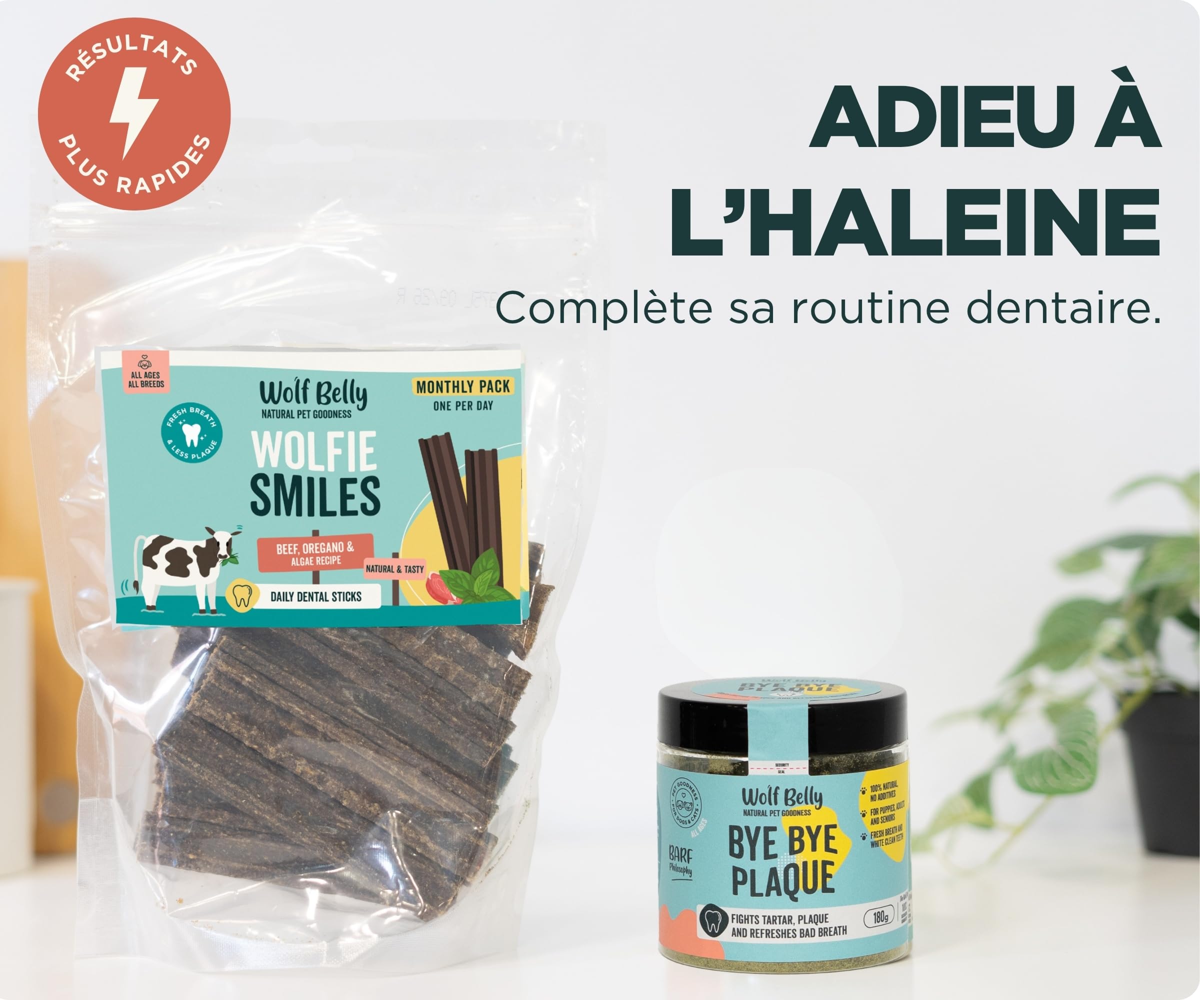 Wolf Belly - Pack d'Hygiène Dentaire Naturelle pour Chiens | Stick Dentaire au Bœuf 89% (28 unités) + Bye Bye Plaque - Fabriqué en UE