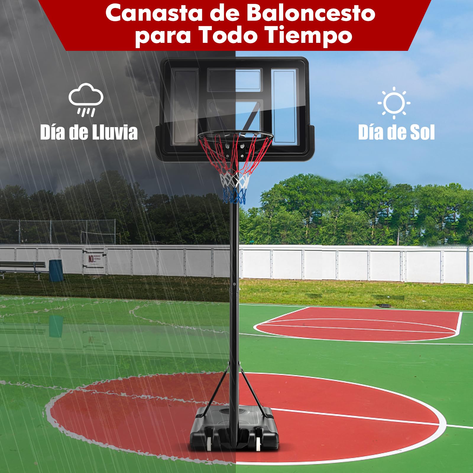 COSTWAY Canasta de Baloncesto Exterior, Altura Ajustable de 12 Niveles, 1,3 a 3,05m, Móvil con Ruedas, Base Rellenable, Canasta Baloncesto Adultos y Niños