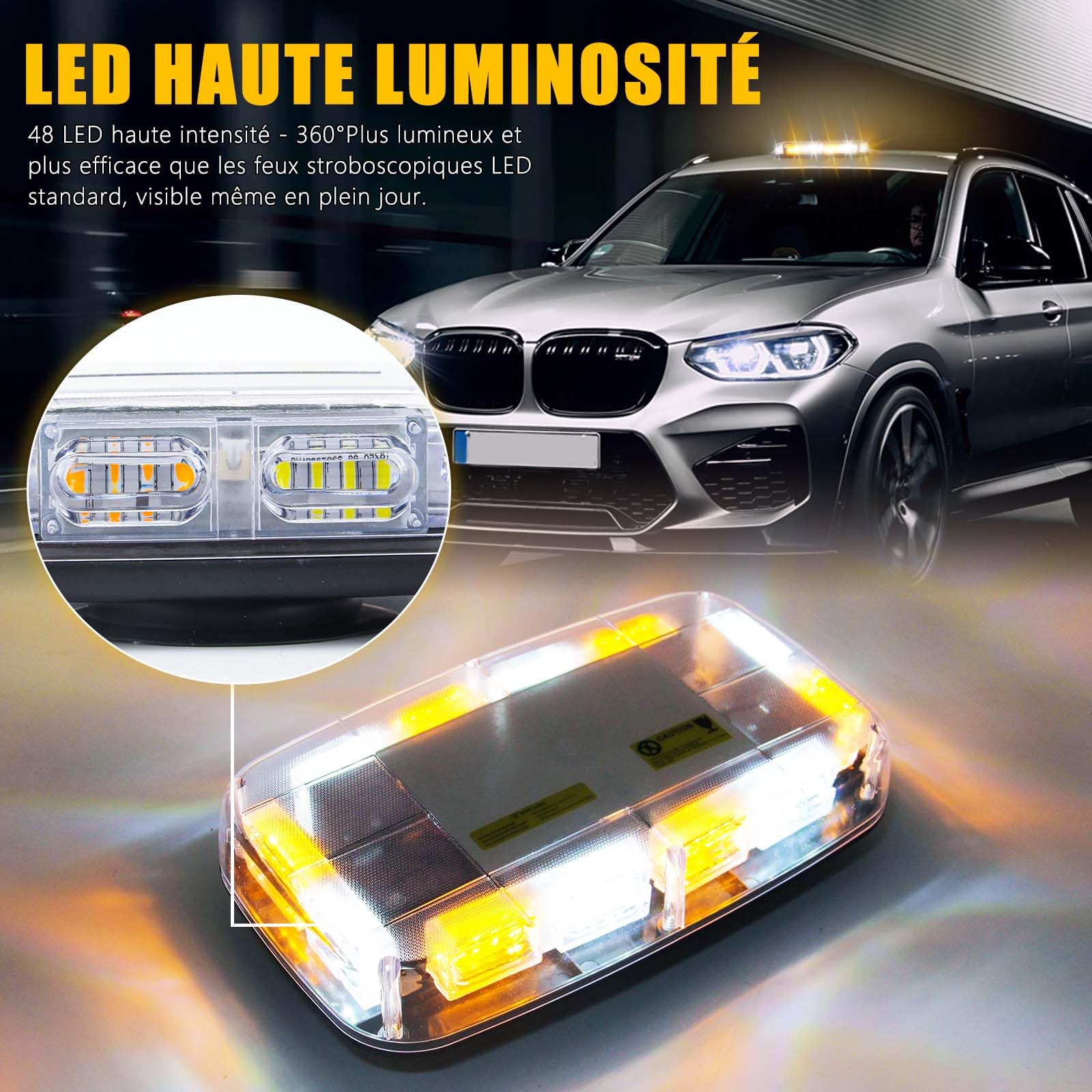 Luces estroboscópicas inalámbricas naranja/blanco con base magnética, luz de baliza de emergencia recargable de 48 LED, luz intermitente de techo para vehículos de camiones de coche