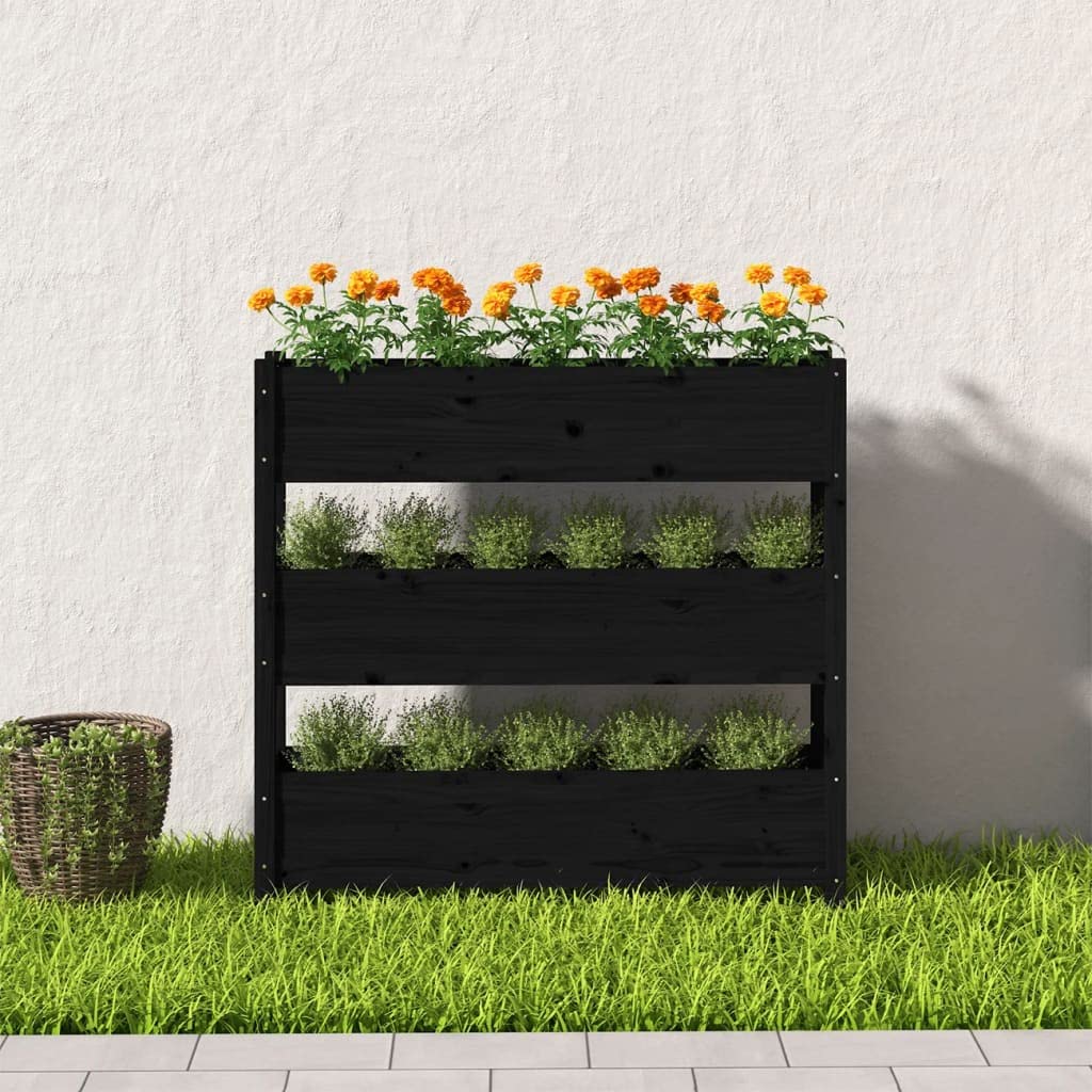 Pflanzkübel Schwarz 112x25x104,5 cm Massivholz Kiefer, 3 Etagen Hochbeet für Garten Balkon Terrasse & Wohnzimmer, Stabiles Blumenregal für Kräuter Blumen und Pflanzen