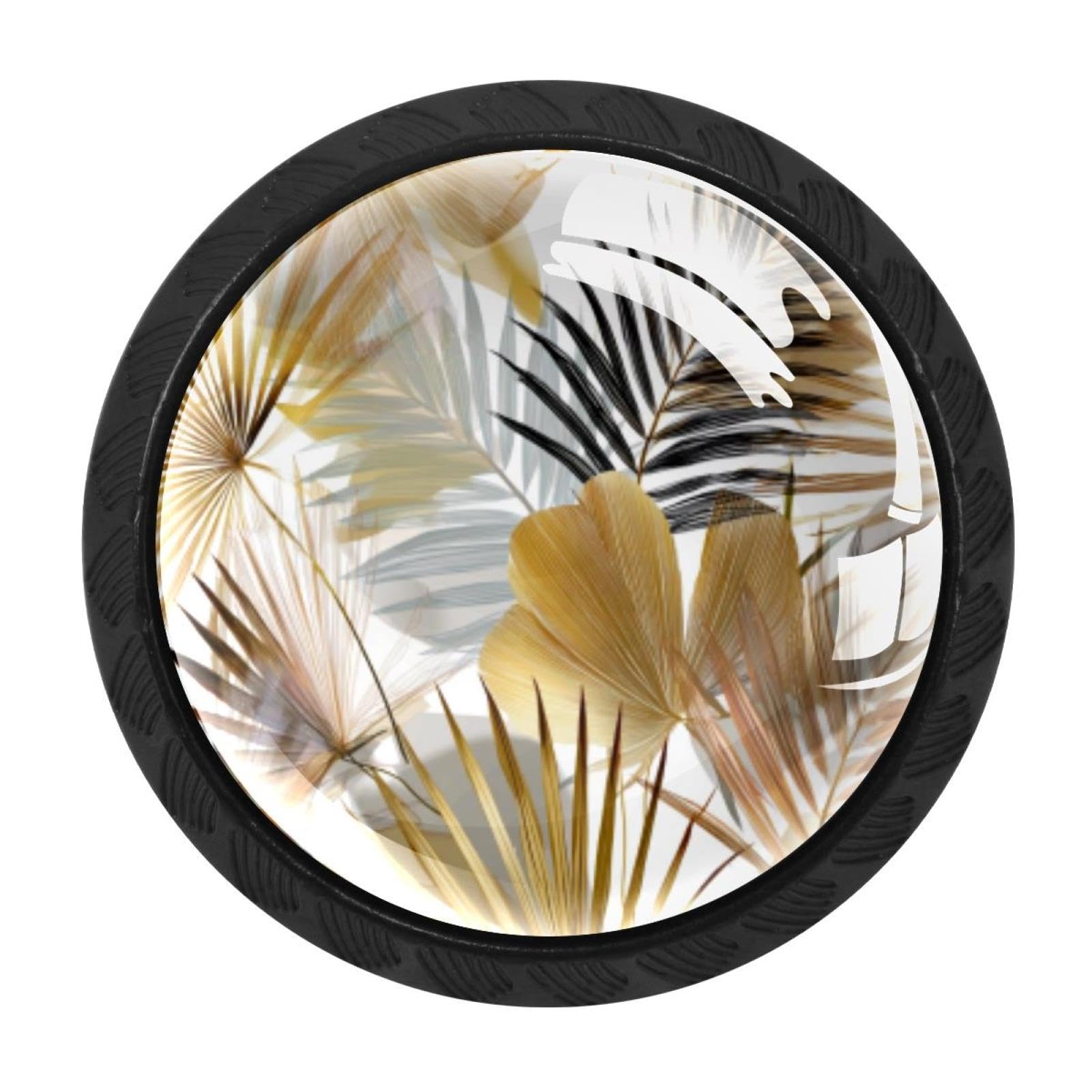 CHENZZZZ 4 Pack Abstract Floral Palm Leaves (2) Dresser Drawer Cabinet Knobs Black Round Drawer Knob Pull Handle with Screws for Kitchen Wardrobe Cupboard Furniture Decor
