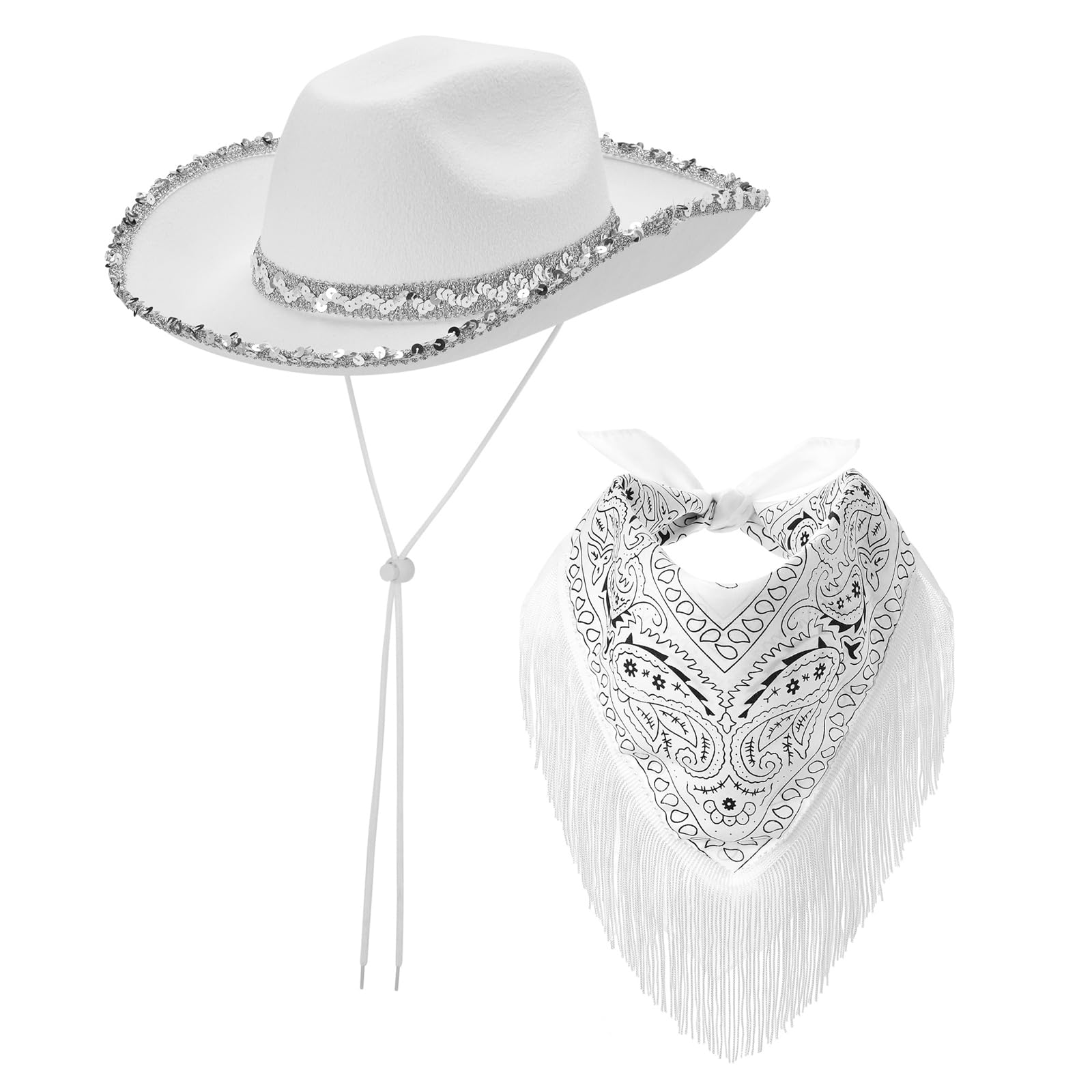 Niceyoeuk Women 2Pcs Rhinestone Cowboy Hats Wide Brim Western Style Furry Cowgirl Hats Hallween Cosplay Party Supplies (White Sequin 01, 2Pcs)