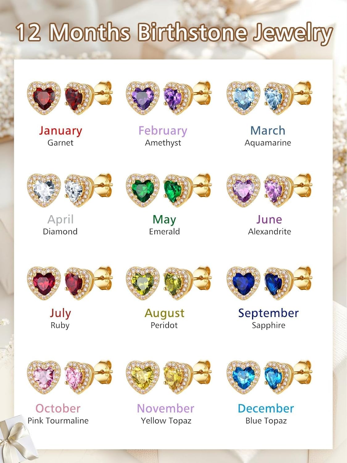 FindChic Birthstone Earrings for Women, Round/Heart/Square/Teardrop Earrings with 925 Sterling Silver Posts & Push Backs, Hypoallergenic Studs with Cubic Zirconia, 12 Months Jewelry with Gift Box - Image 7
