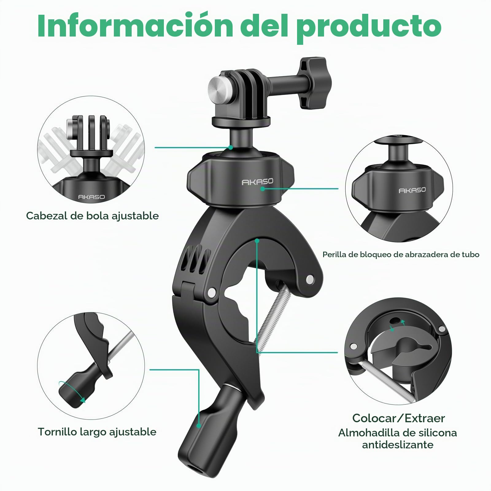 AKASO Soporte para Manillar de Motocicleta y Manillar de Bicicleta | Rotación de 360°, Compatible con Cámara deportiva AKASO EK7000/EK7000 Pro/Brave 4/4 Pro/Brave 7/7 LE/V50 X/V50 Elite