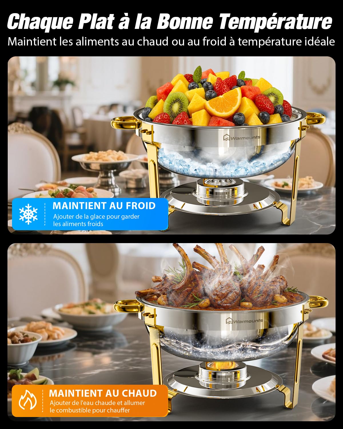 WARMOUNTS Lot de 4 Chafing Dish Argent & Doré 5 L, Réchaud à Buffet avec Couvercle en Verre, Buffets Chauffants en Acier Inoxydable Idéal pour Fêtes, Événements, Mariages, Dîners, Noël et Camping