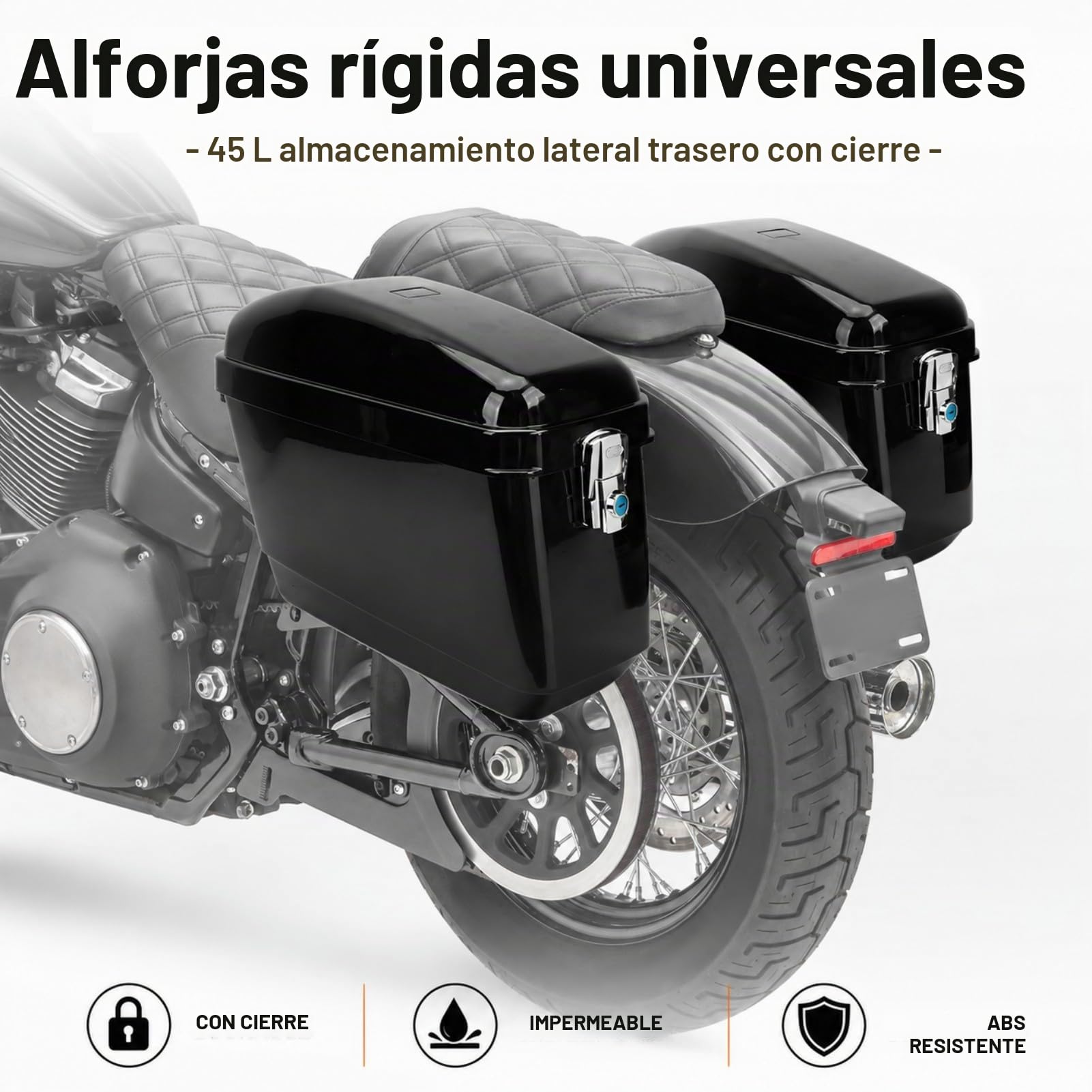 Maleta Lateral para Motocicleta de 45 litros con Kit de Montaje | Alforjas Duras ABS con Cerradura para Ajuste Universal Cruiser