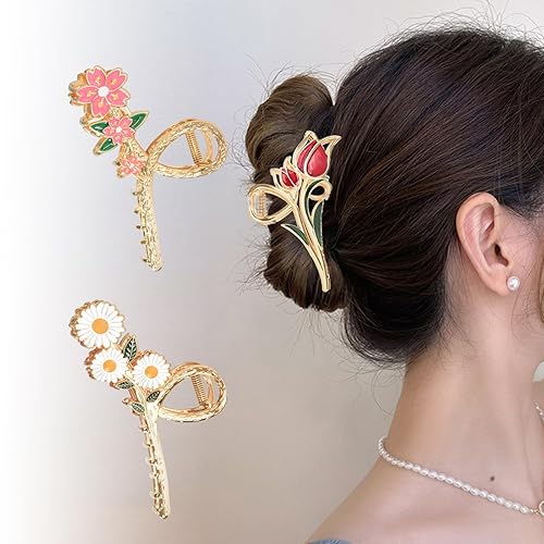 Miniatura 7 de Pinzas para el cabello de metal floral de 3 piezas pasadores de orquídea, tulipán, margaritas para cabello finogrueso medio, accesorios elegantes y
