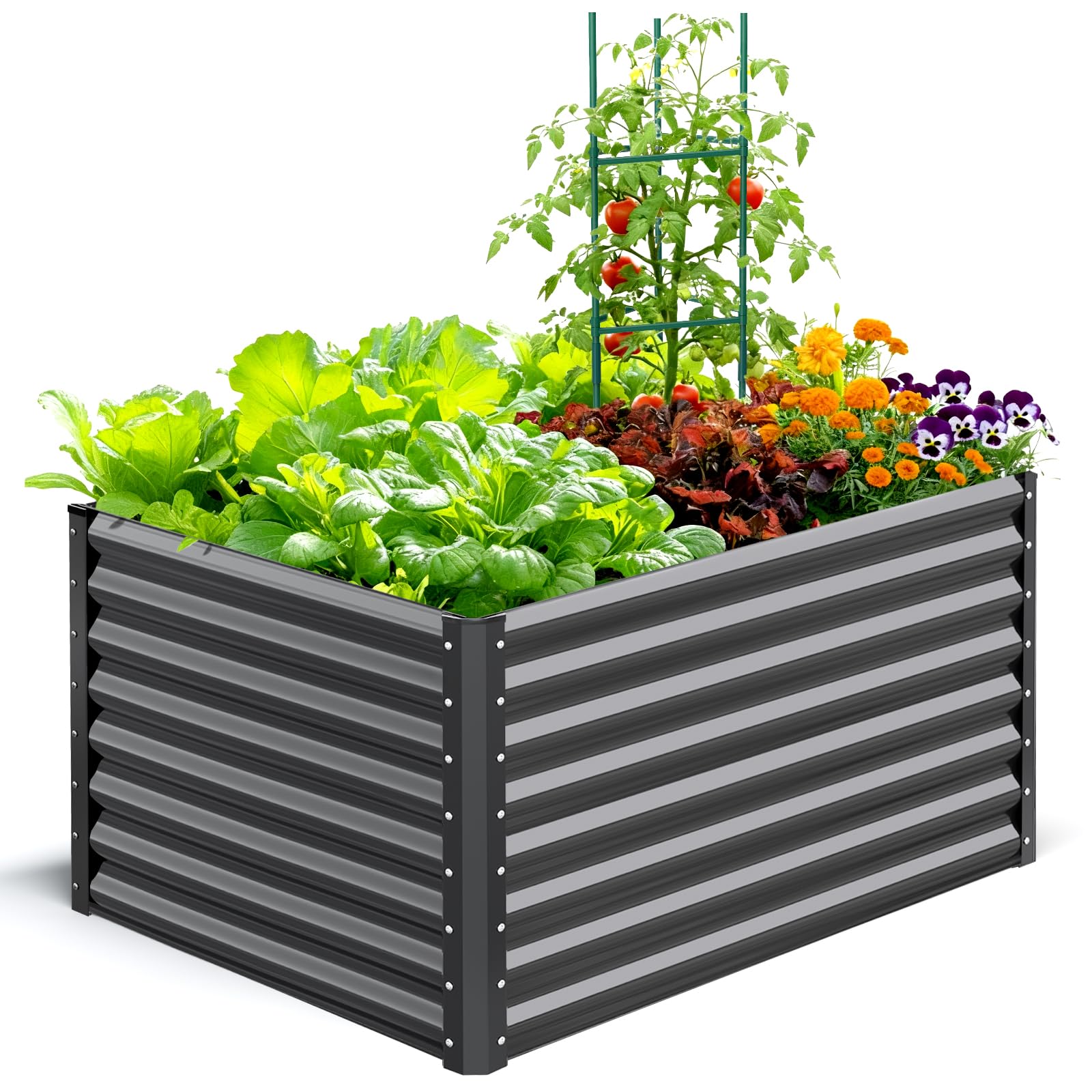 Quictent Jardineras Elevadas de Metal Galvanizado, Macetero Sin Fondo para Verduras con Jaulas para Tomates Incluidas, 120x90x62cm