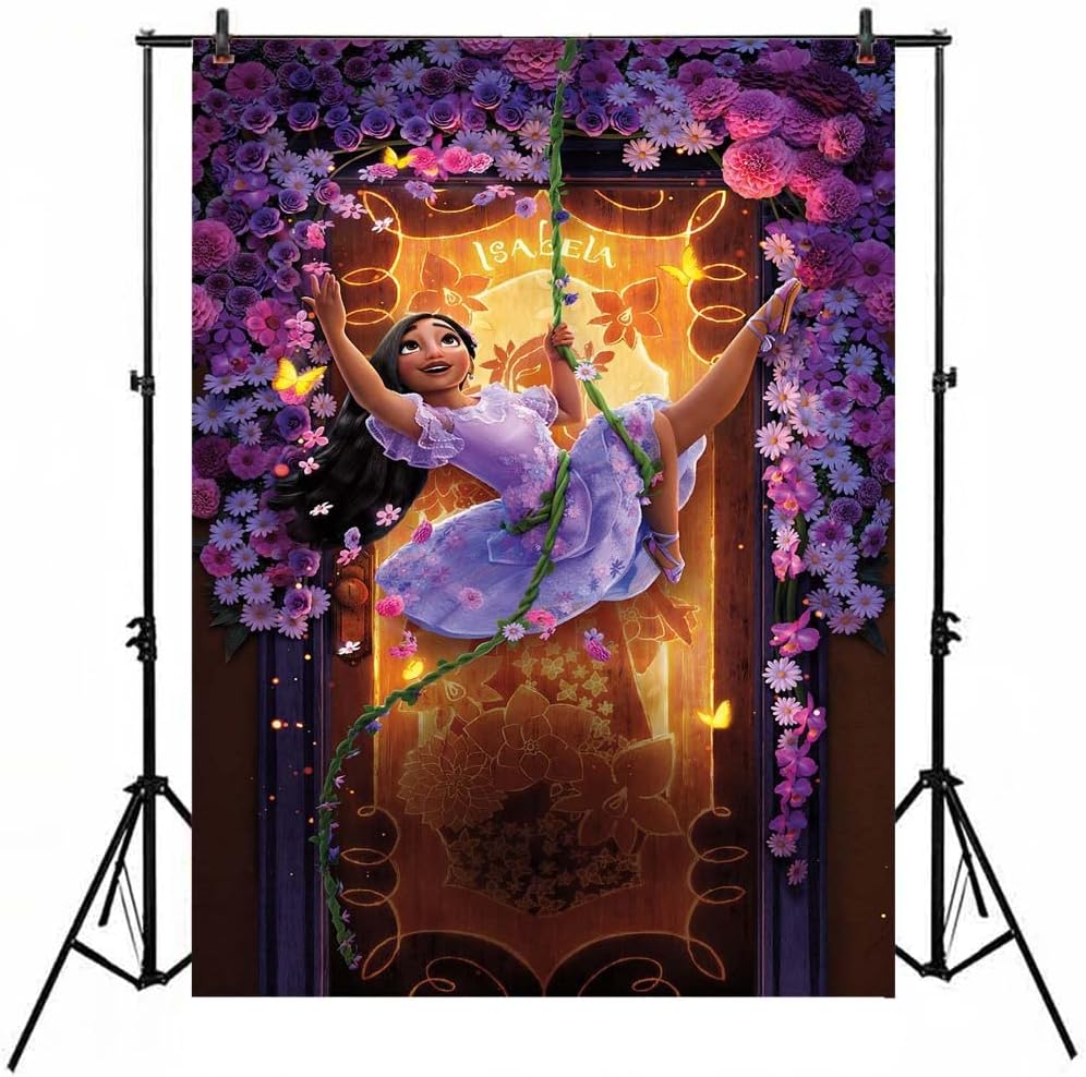 Happy Birthday Princess Encanto Isabella Backdrop 3X5ft Magical Door Purple Flower Encanto Birthday Banner for Girls 1st Birthday Vinyl Isabella Encanto Party Decorations