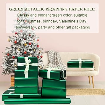 BIHIYII Green Wrapping Paper Roll 43 cm x 10 m, Metallic Wrapping Paper Rolls, Matte Gift Wrap for Birthday Christmas Wedding Party Bouquets (Green)