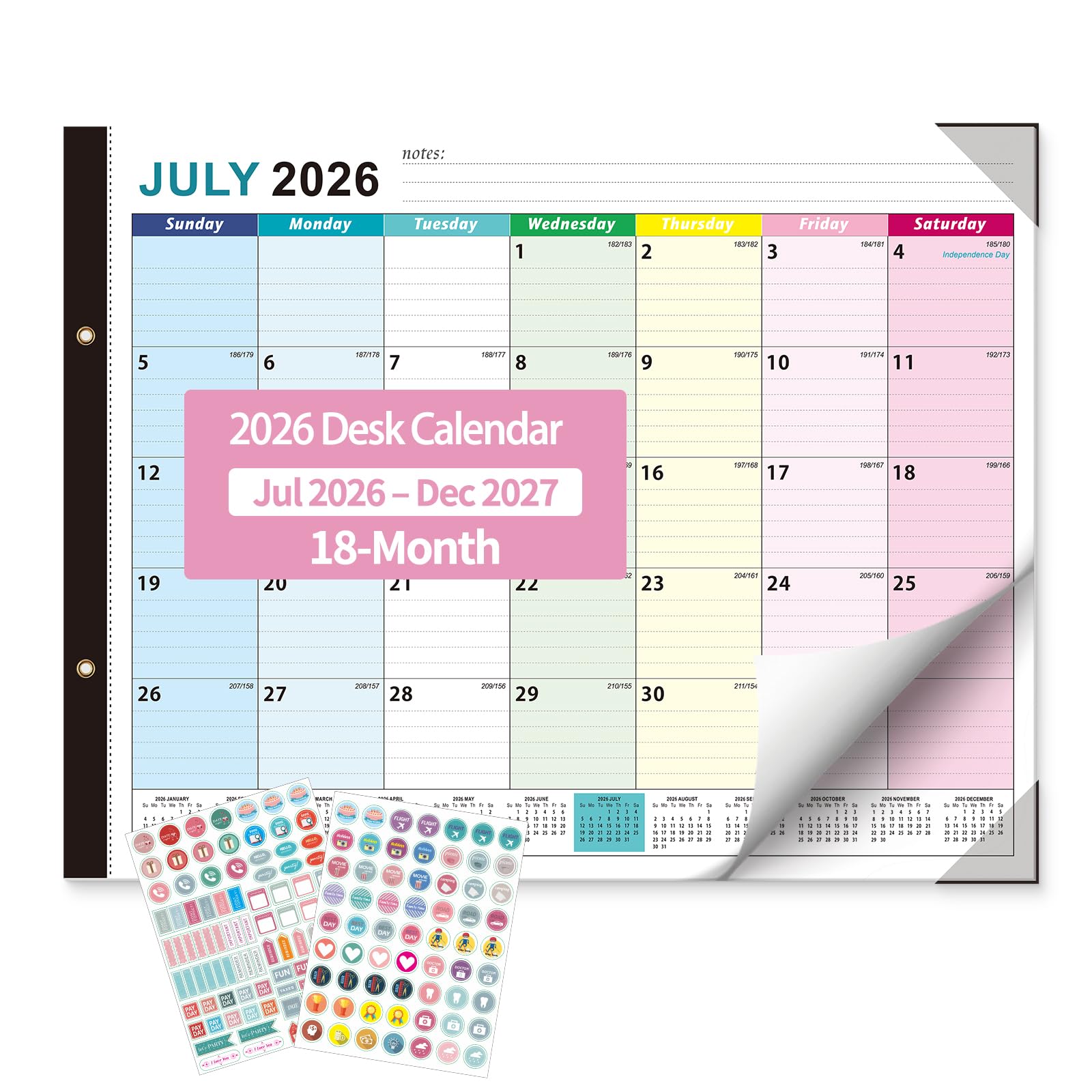 Großer Tischkalender 2026–2027 – Ougesi 18-Monats-Schreibtischkalender 22 x 17 Juli 2026 – Dezember 2027, akademischer Tischkalender groß mit Schutzecke, Aufkleber für Büro, Schule und Zuhause (bunt)