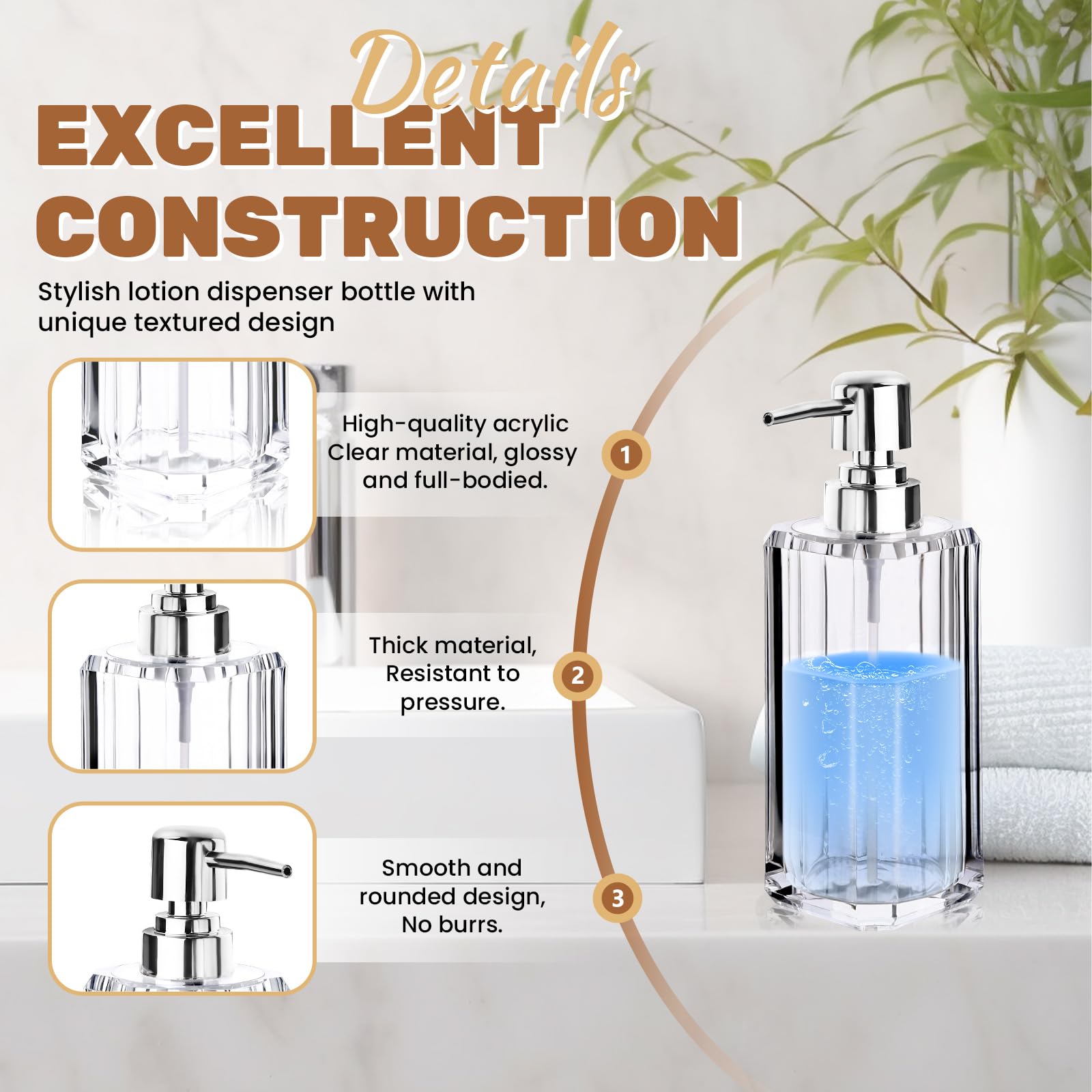 Diakey Acrylic Hand Soap Dispenser, Crystal Clear Modern Liquid Soap Dispenser Bathroom and Kitchen - Image 3