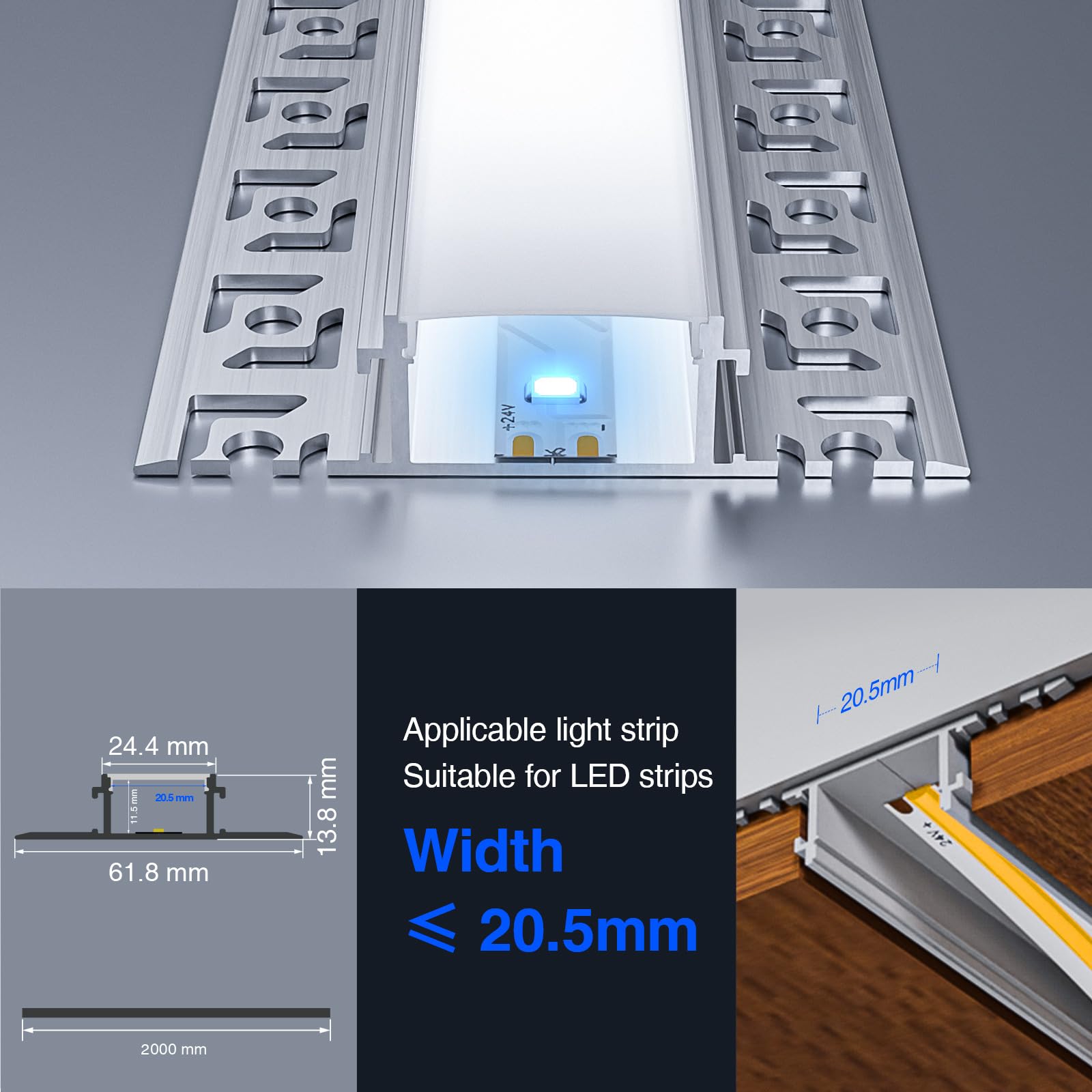 10 x profil aluminiowy do taśm LED, 2 m (20 m), profil LED, kanał kablowy do taśm LED, paski do 25 mm szerokości lub dwóch prętów LED, z półprzezroczystą osłoną PC, 2000 x 61,8 x 13,8 mm