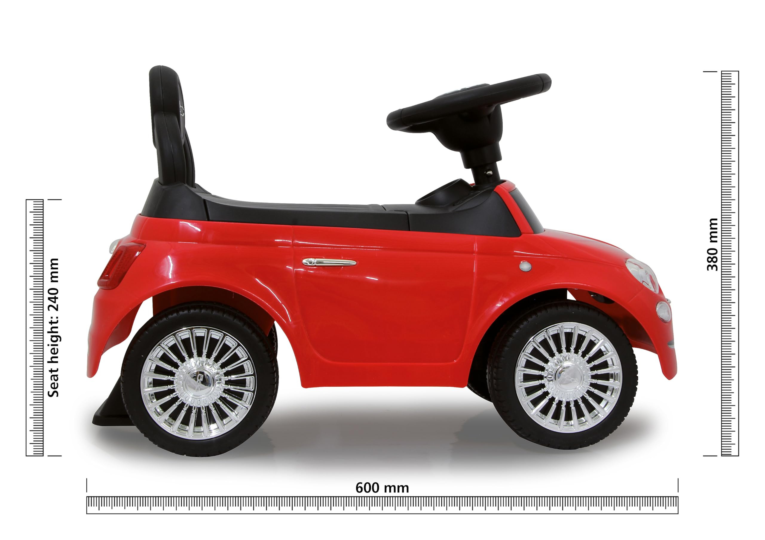 Jamara 460326 - Push-Car Fiat 500 rosso – Bagagliaio sotto il sedile, Maniglia per spinta e sostegno, Clacson, Protezione da ribaltamento