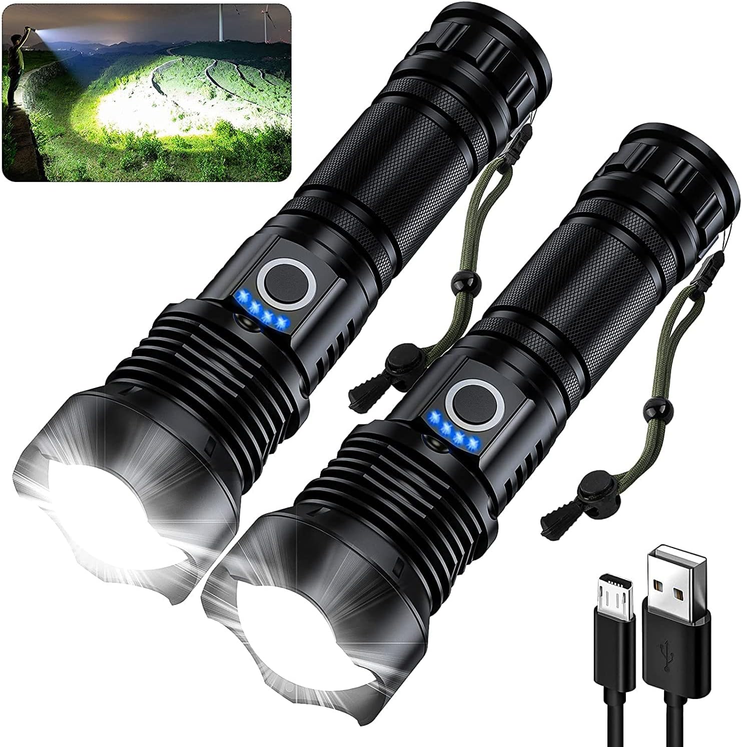 Rechargeable Flashlight 300000 Lumens LED Flashlight Super Bright 2 PCS, 5 Modes with 12 Hours