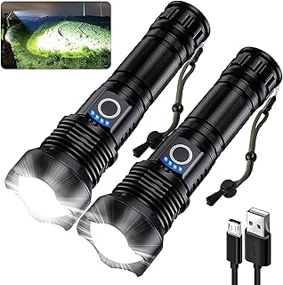 Rechargeable Flashlight 200000 Lumens: LED Flashlight Super Bright 2 PCS, 5 Modes with 12 Hours Runtime, IPX7 Waterproof Handheld Powerful Brightest Flash Light for Emergency Camping