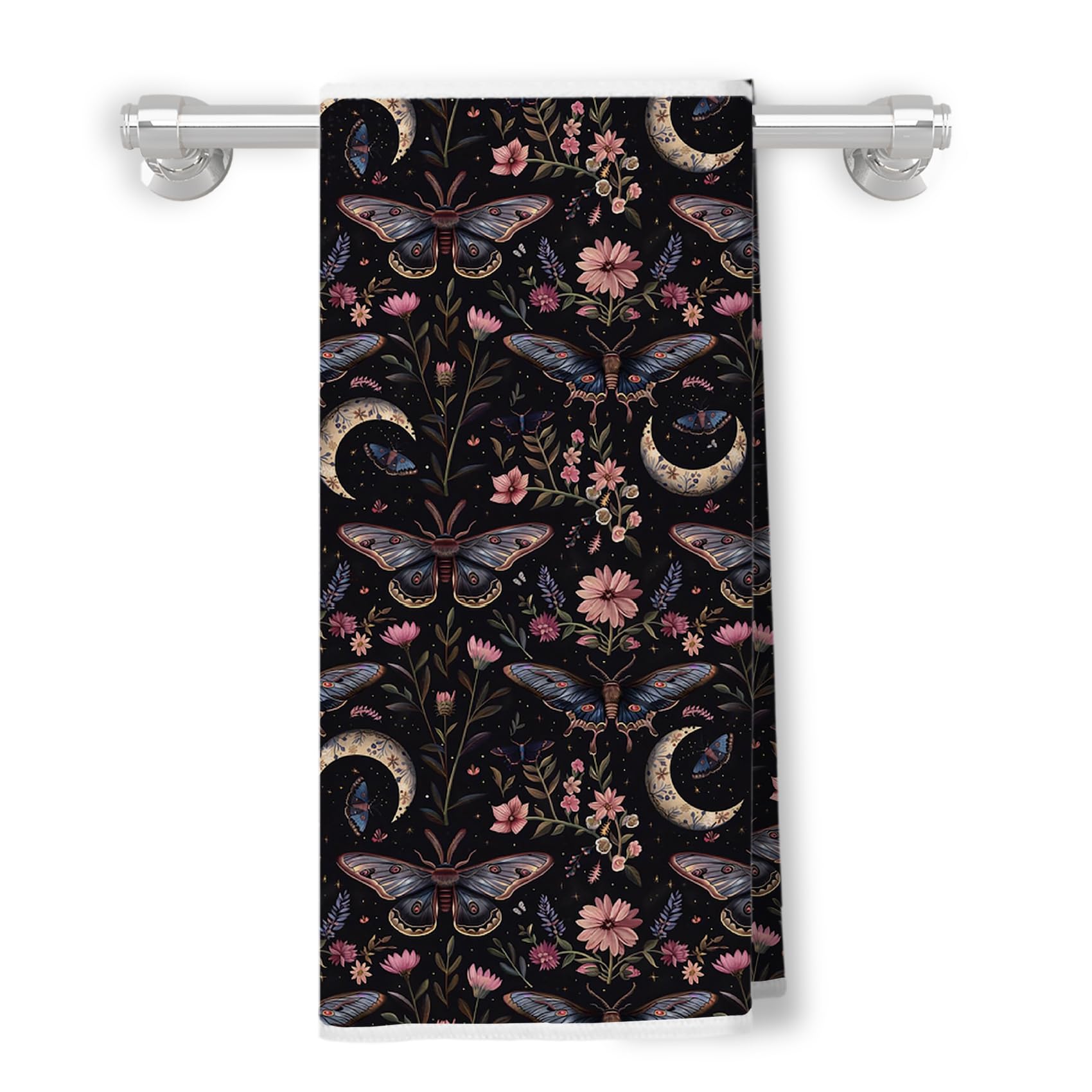 Mystical Gothic Moth and Moon Kitchen Towels, Boho Pink Floral Hand Towel for Bathroom, Dark Academia Decor Dish Tea Towe...