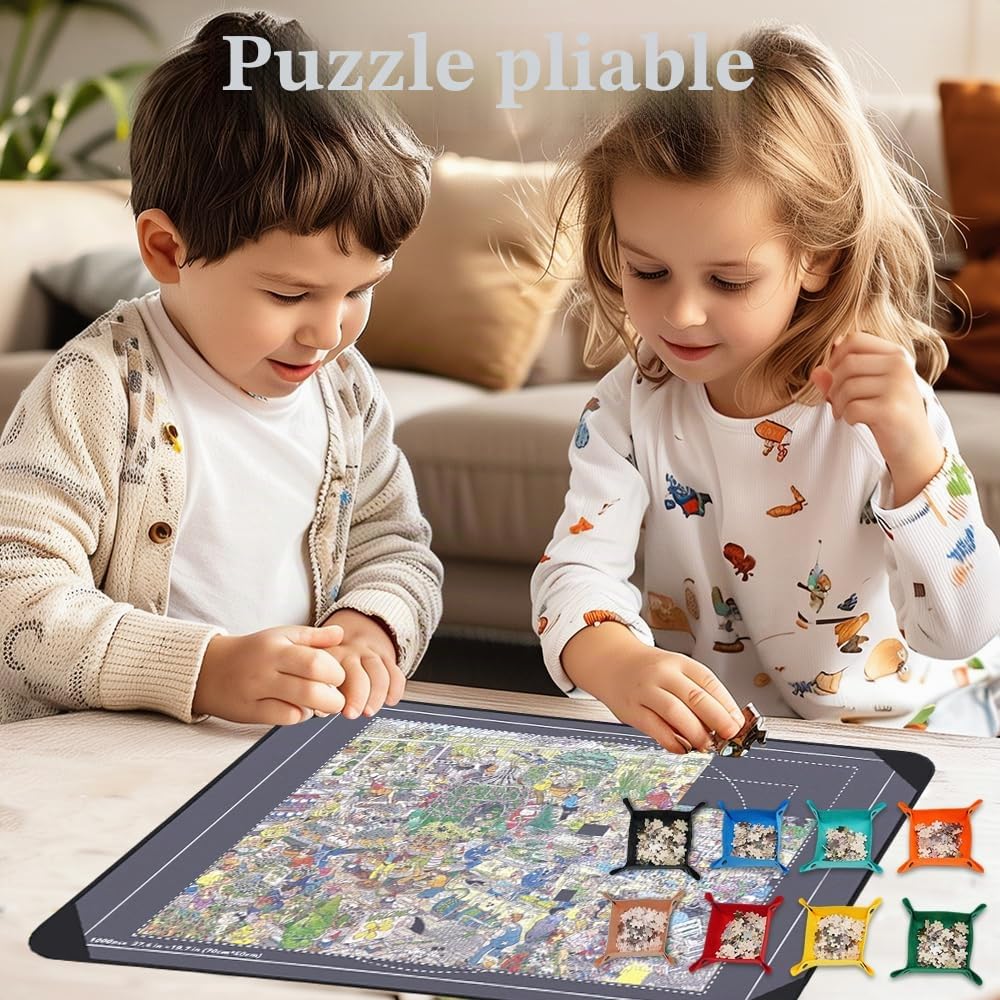 Tapis de Puzzle de 1000 Pièces, 80×55 cm Tapis de Puzzles Portable, Plateau Pliable avec 8 Trays et Couvercle, Plateau en Feutre Léger, Cadeau pour Enfants et Adultes