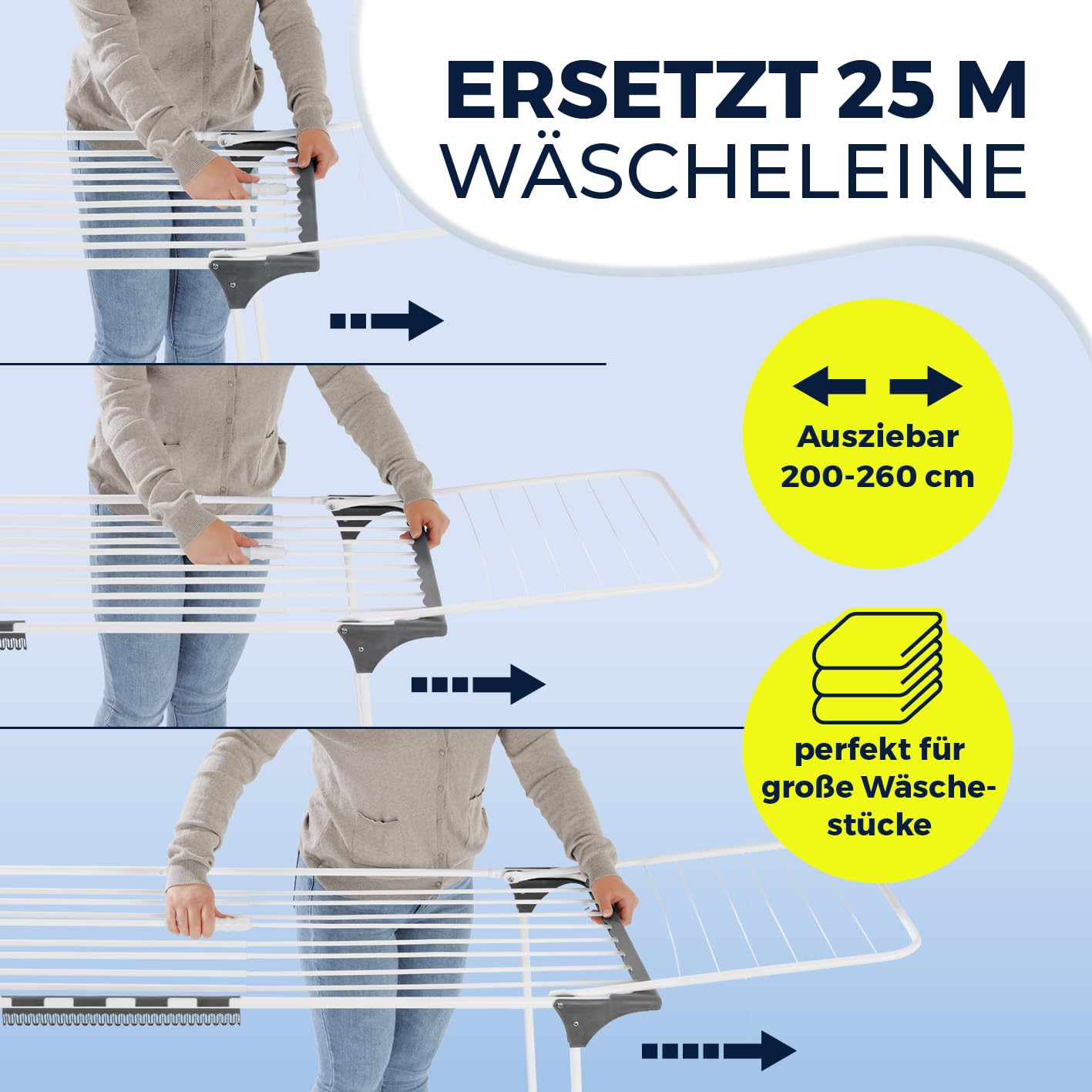 EASYmaxx Falt-Wäscheständer 2500 mit 25m Trockenlänge | XXL Wäscheständer Teleskop - ausziehbar bis 260cm | mit Rollen | Bettlaken & Handtücher stromlos drinnen und draußen trocknen
