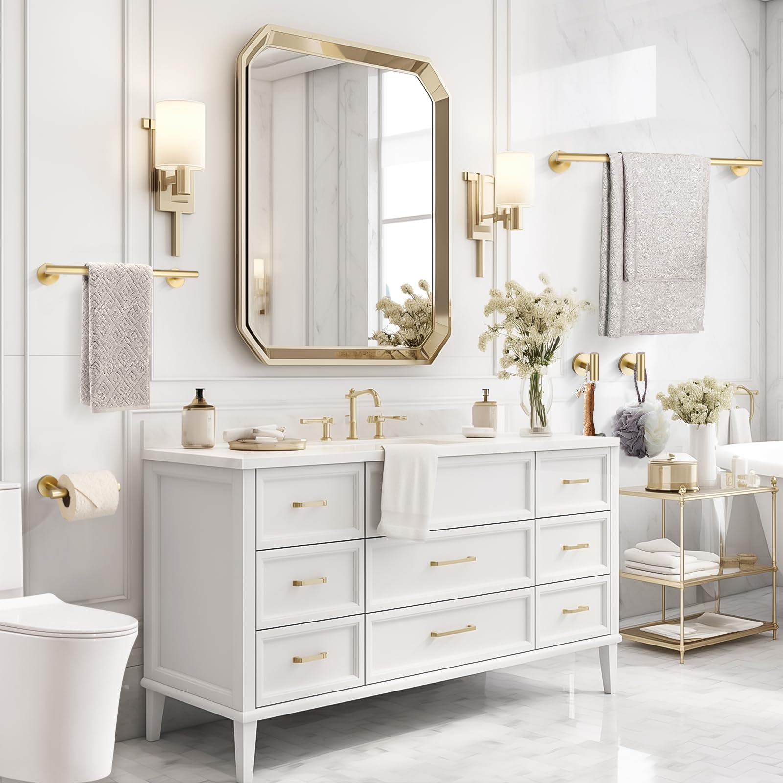 TURS Set di 10 accessori da bagno in oro spazzolato, SUS304 in acciaio inossidabile 61 cm, set di accessori da bagno rotondi da parete