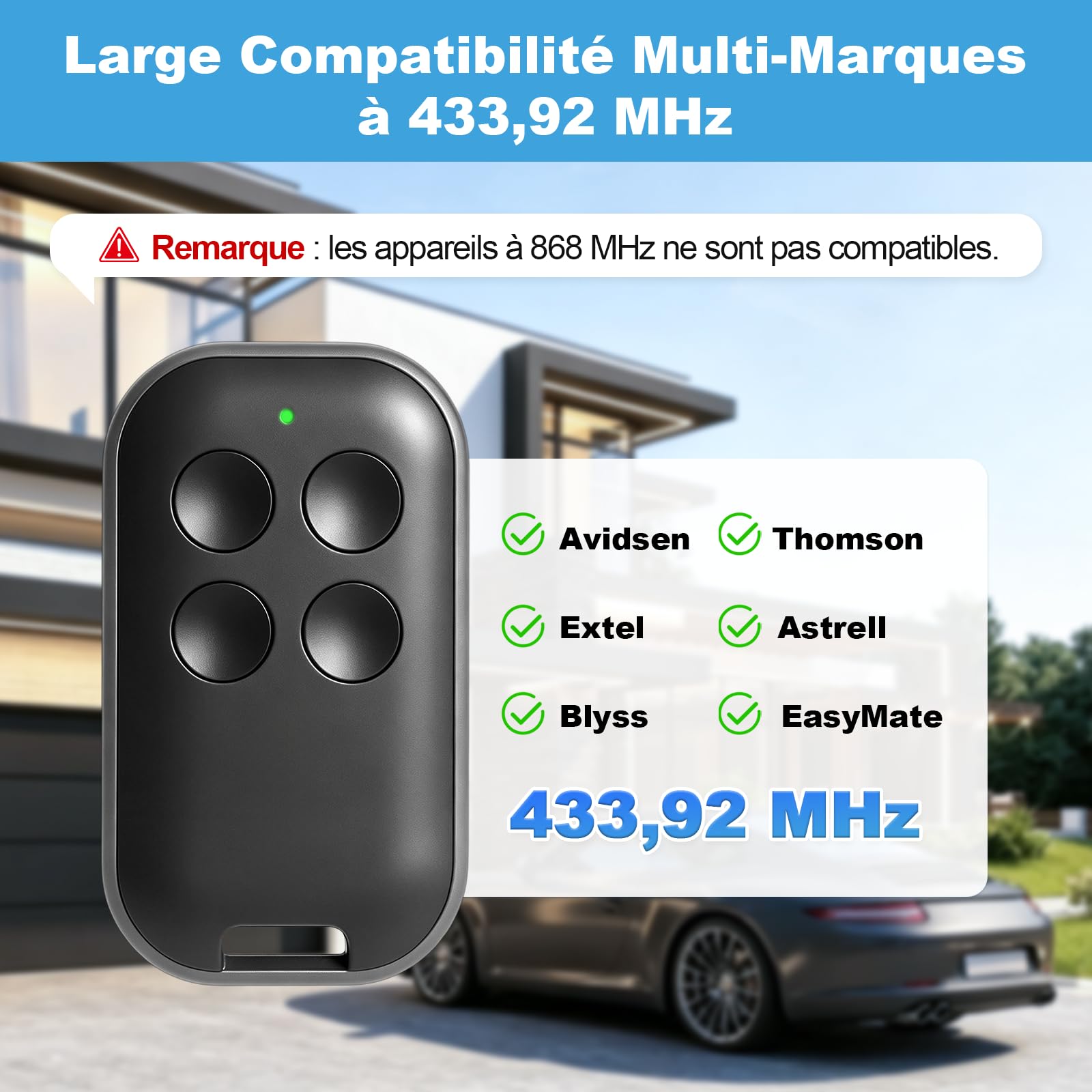 114258 Télécommande Portail pour Avidsen Lot de 3, Bip 4 Boutons 433,92 MHz Rolling Code, Haute Sécurité Portée 80m, Compatible avec Extel/Thomson/Astrell