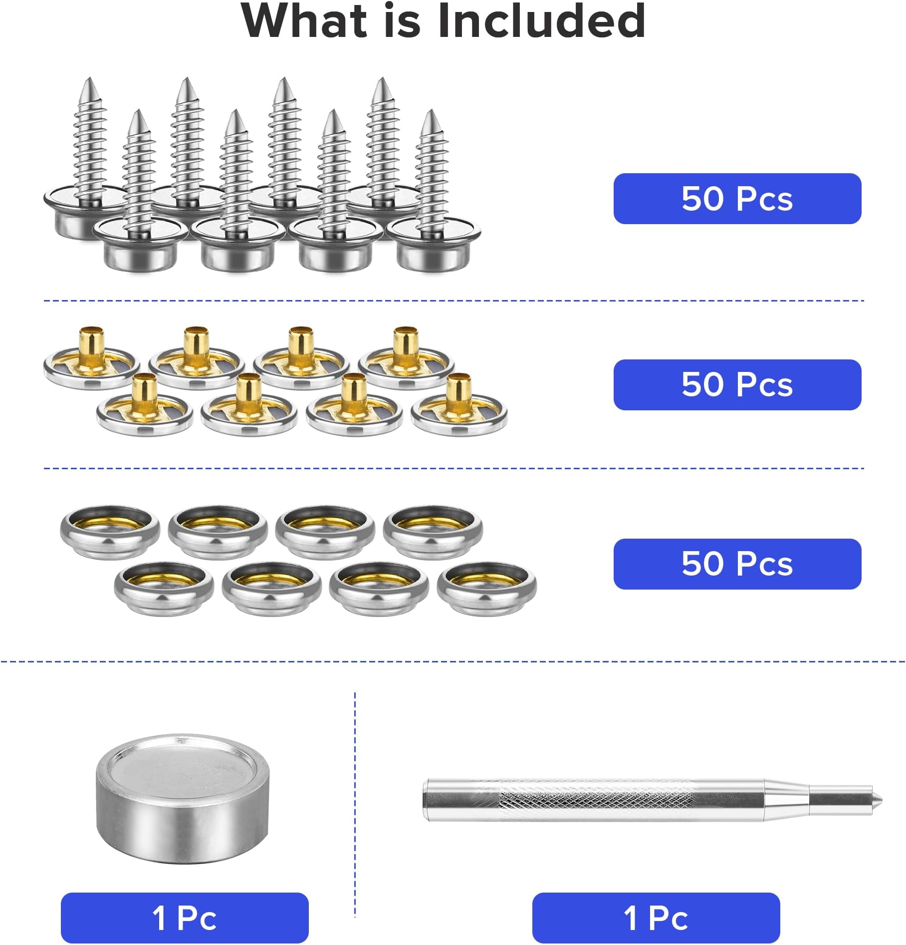 150 Pcs Snaps Fastener Screw Snaps, Heavy Duty Metal Snaps Button for Boat Canvas with 2 Pcs Setting Tool, 50 Sets(Marine Grade, 3/8" Socket, 5/8" Screw)