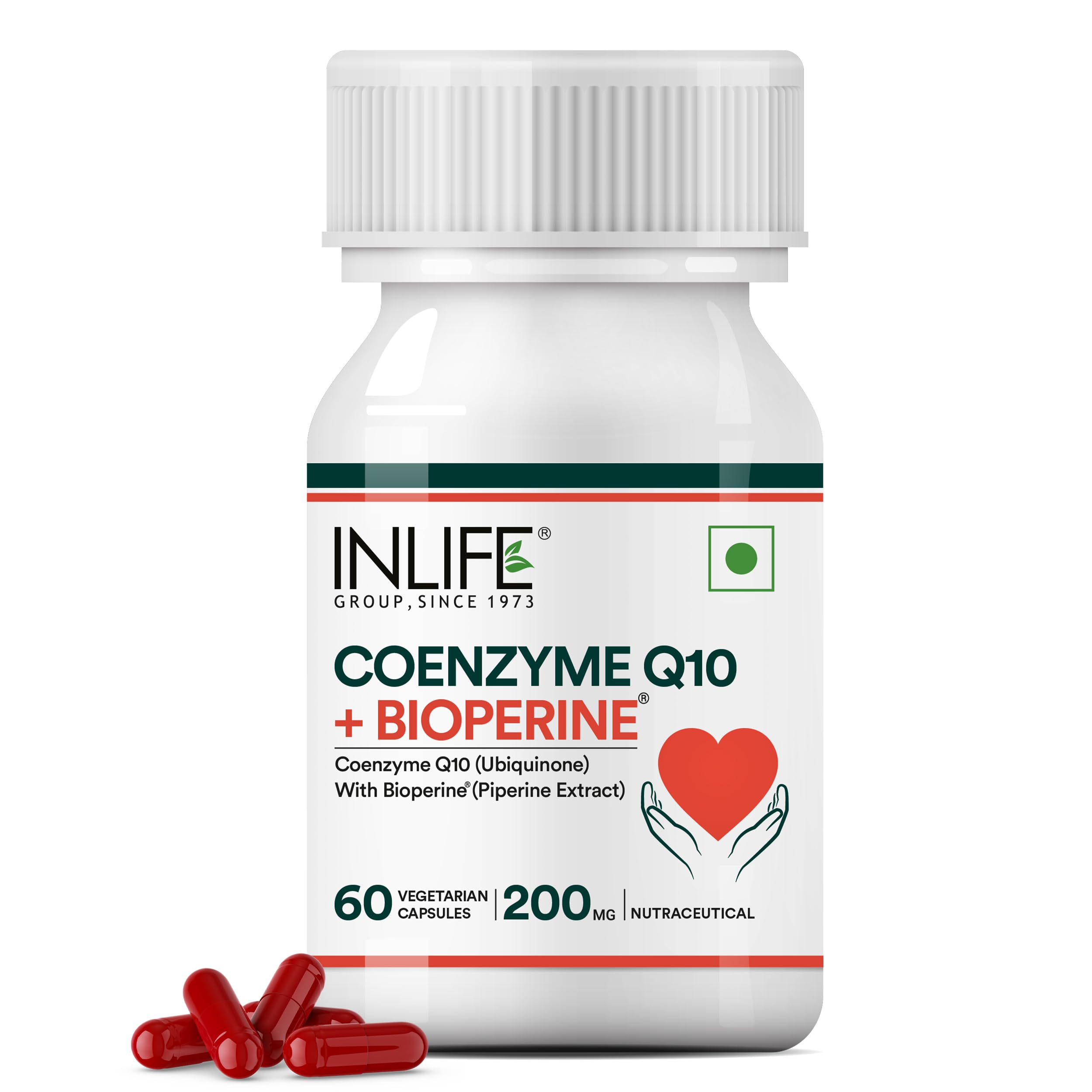 INLIFE Coenzyme Q10 (COQ10) -200mg with Bioperine 8mg Supplement| High Absorption| (Pack of 1) - 60 Vegetarian Capsules.