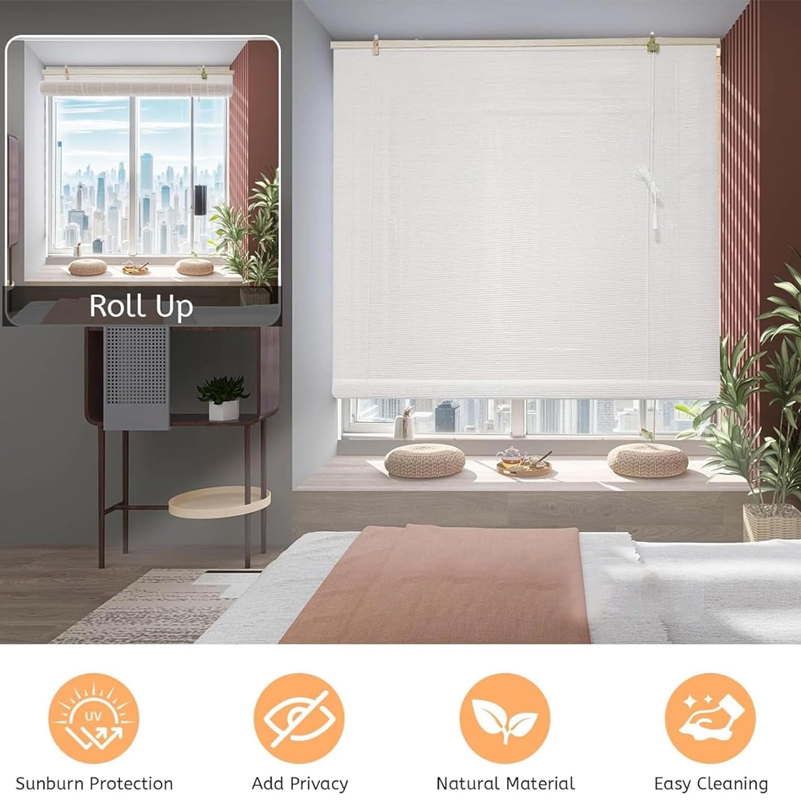 Stores enrouleurs en bambou avec blocage des UV pour fenêtres et portes - Écrans solaires de style romain pour chambre à coucher, cuisine, patio et terrasse - Blanc - 100 x 220 cm