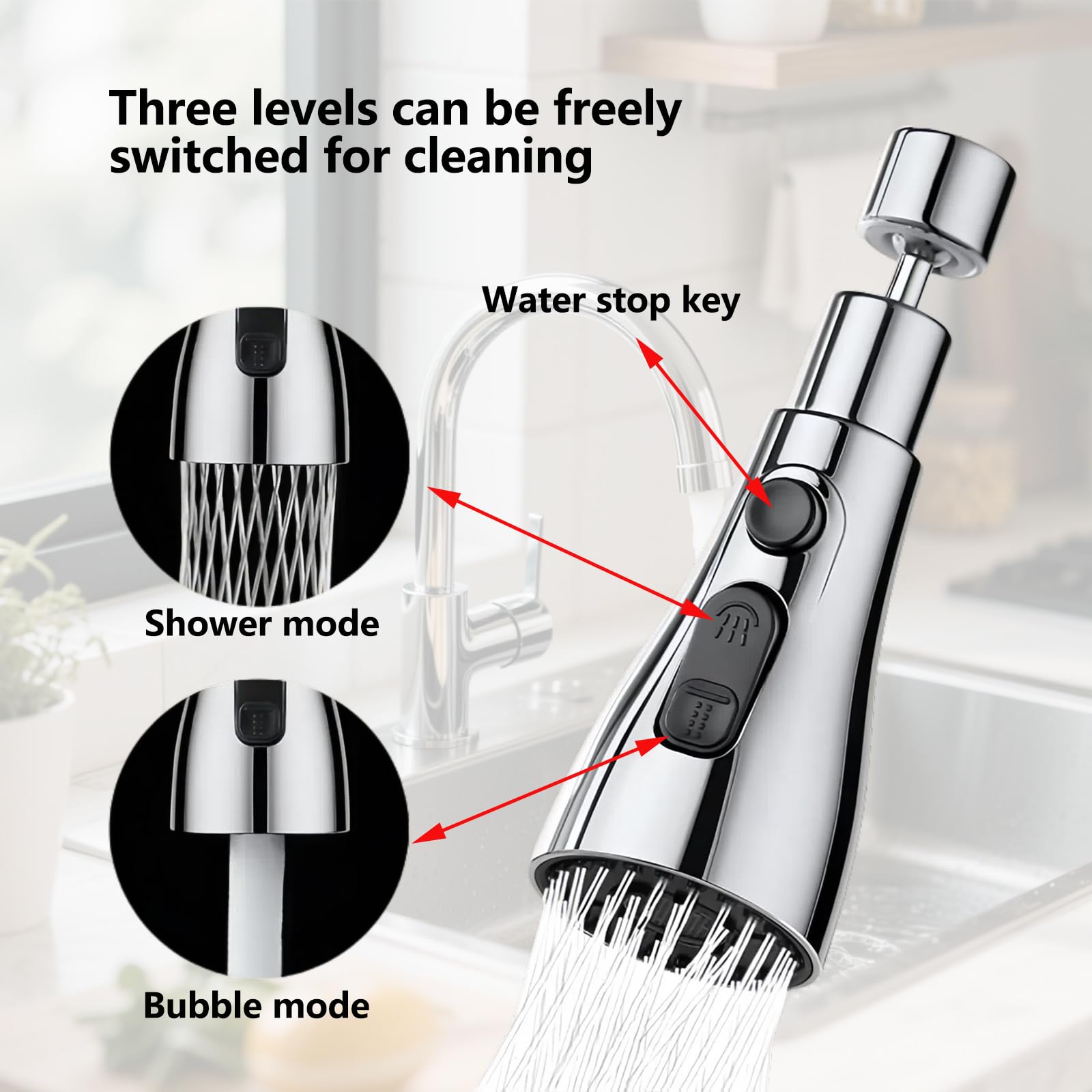 360° Aireador Grifo Cocina, Ajustable 3 Modos Salida Agua, Difusor Universal, Grifo Con Dispositivo Antivaho Para La Cocina Y El Cuarto De Baño (Plata)