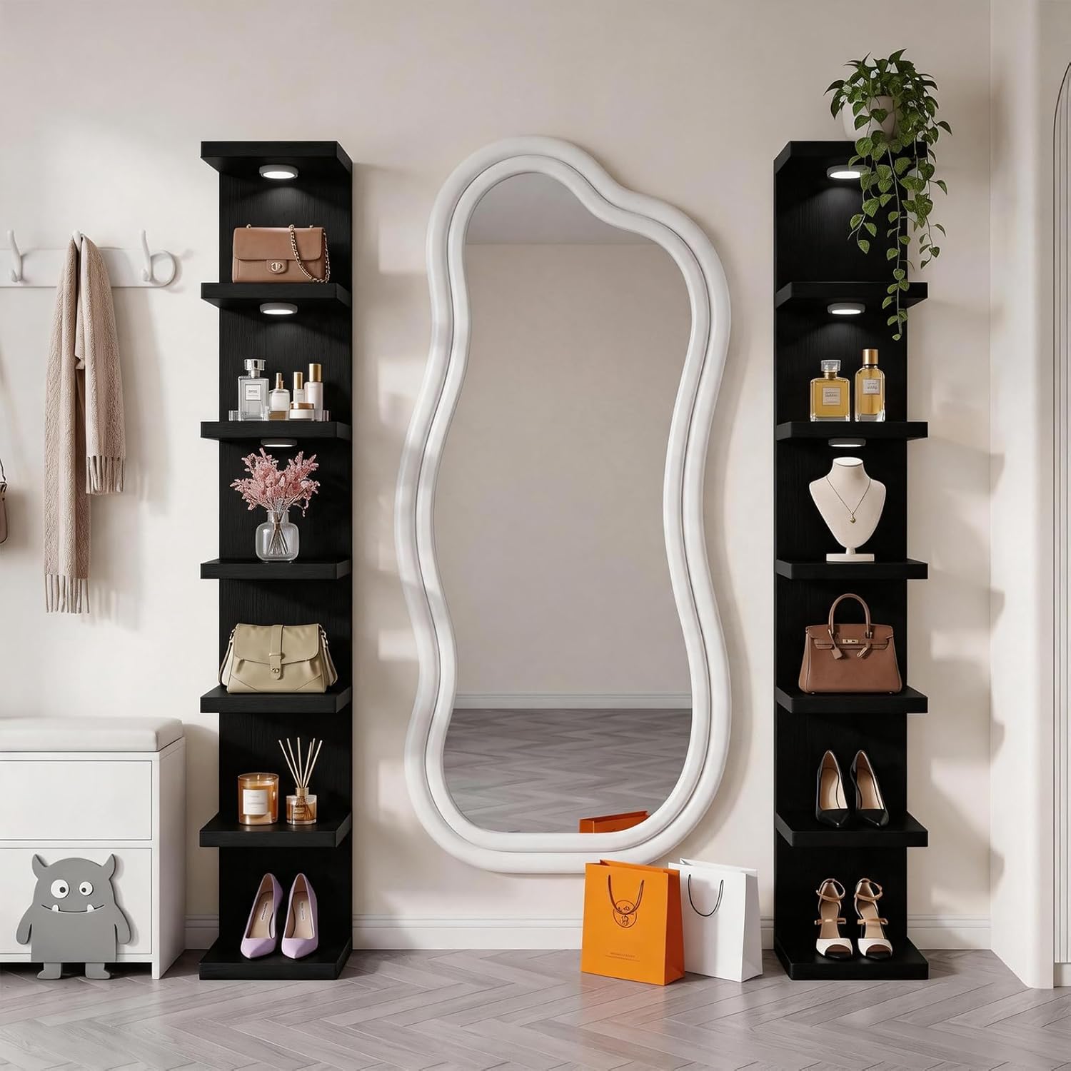 Versatile 7 Tier Wall Shelf Unit, Floating Shelves with 3 Remote LED Lights, Lack Wall Shelf for Home, Bedroom, Living Room and Vanity Decor (Black)