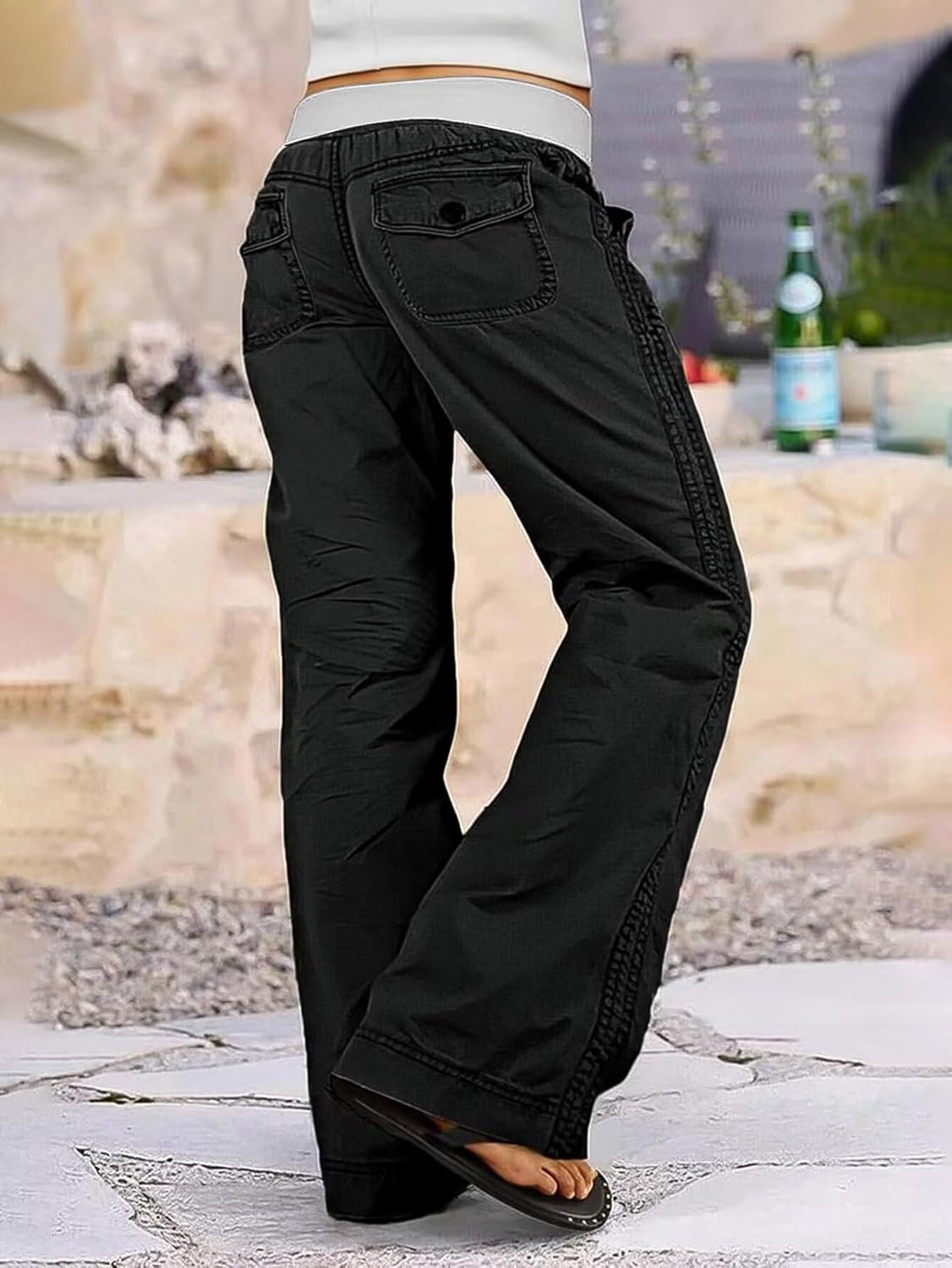 Flamingals Straight Leg Pants for Women Drawstring Waist Mid Rise Casual Solid Seam Detail Pants - Image 2