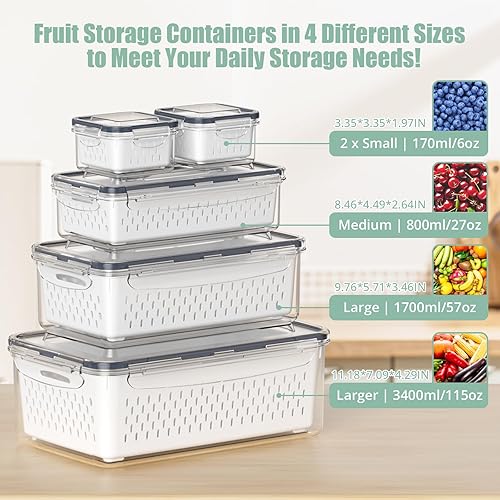 Miniatura 2 de 5 recipientes de almacenamiento de frutas para refrigerador con colador extraíble y tapa de asa, organizadores y almacenamiento de refrigerador,