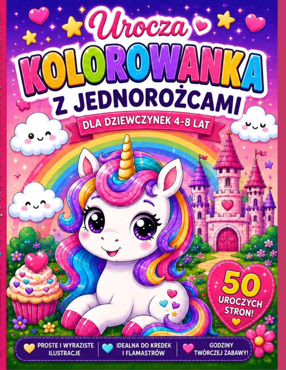 Urocza Kolorowanka z Jednorożcami: Dla Dziewczynek 4–8 Lat | 50 Magicznych Stron z Jednorożcami, Tęczami, Zamkami i Uroczymi Przyjaciółmi